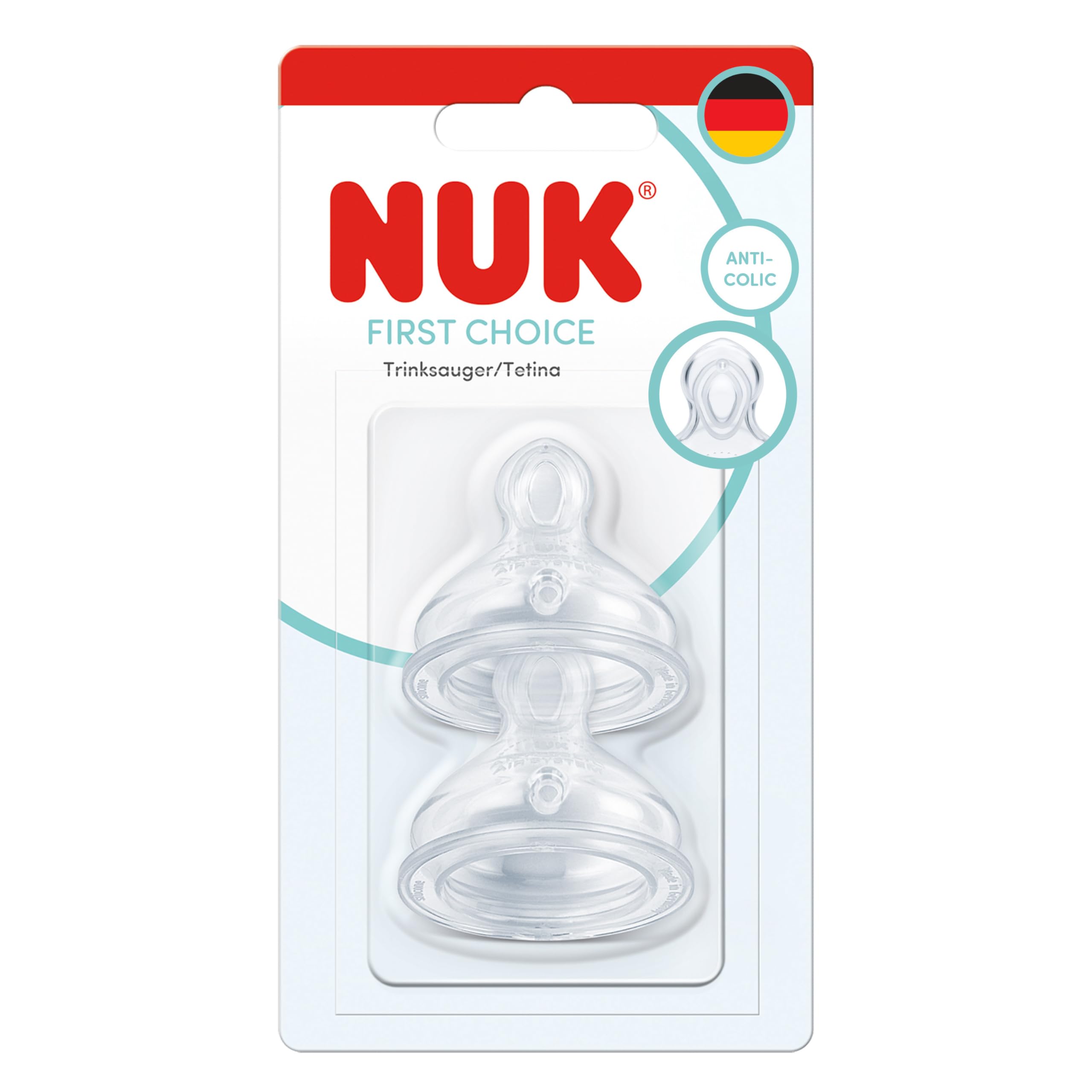 NUK First Choice Babyflaschensauger | Ab 6+ Monaten | Anti-Kolik-Flaschensauger | Silikon | Durchflusskontrolle | 2 Stück
