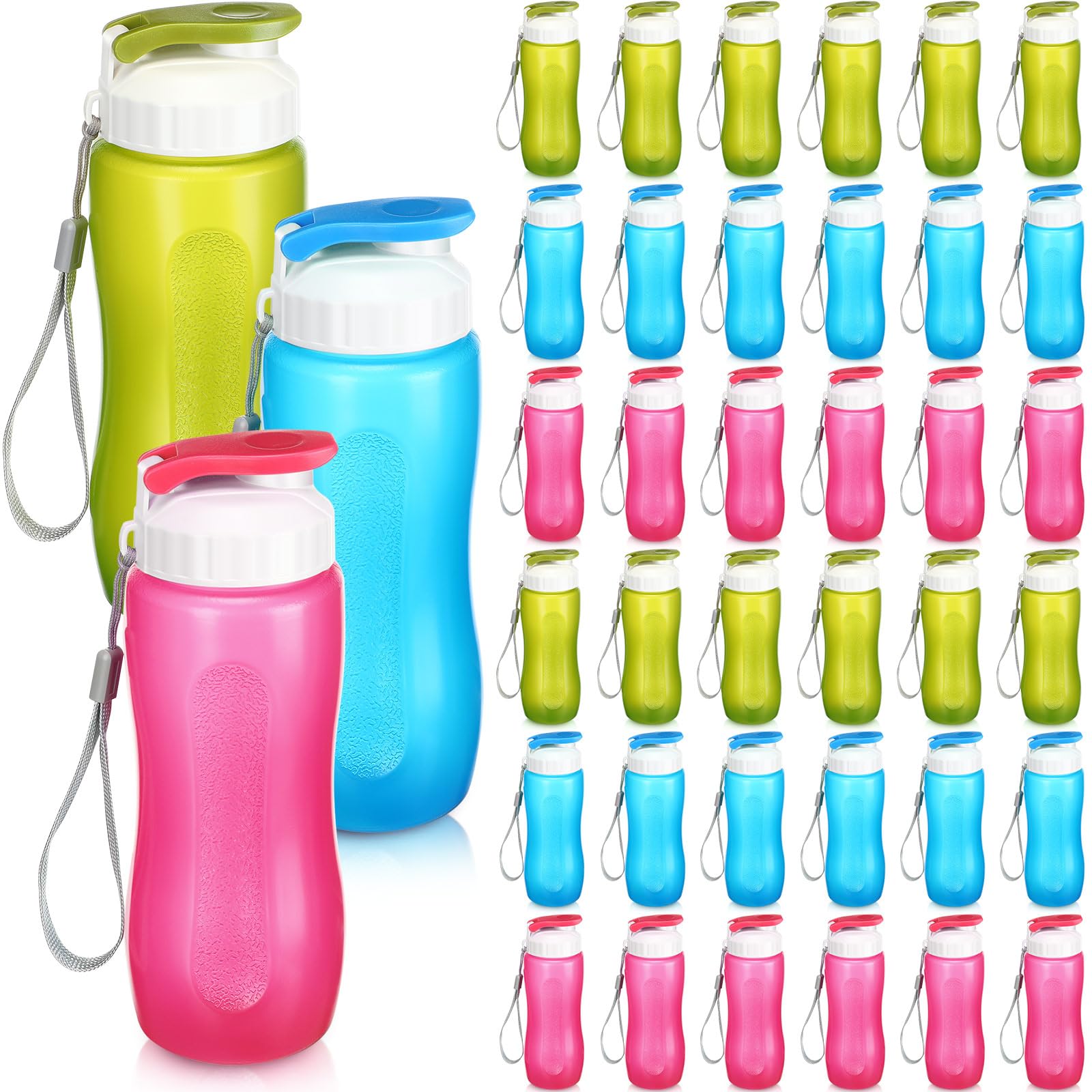 Maxdot 36 Pcs Plastic Water Bottles for Kids Bulk 17 oz Sports Water Bottles with Handle Strap Lightweight Snap Lid Water Bottle Easy Carry Reusable Leak Proof Travel Bottles for School Fitness Gym