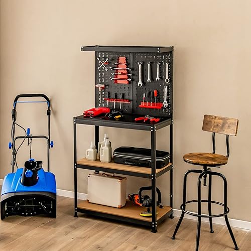 Miniatura 9 de Safstar - Banco de trabajo de 315 x 16 pulgadas banco de trabajo de madera con tablero de clavijas y 2 estantes inferiores 14 accesorios para colgar