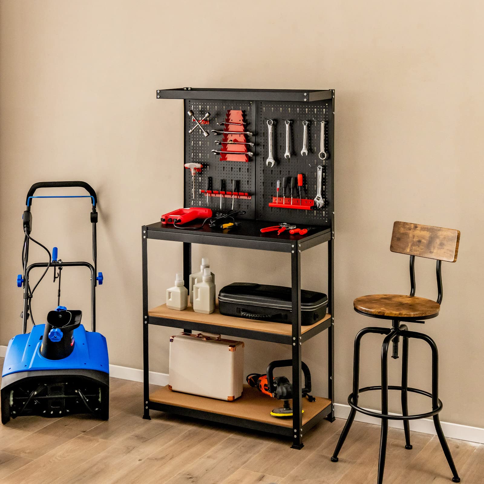 COSTWAY Banco da Lavoro, in Metallo e MDF, con 3 Ripiani, 13 Accessori da Appendere, 80,5 x 41x 155cm, per Garage, Casa, Officina e Magazzino