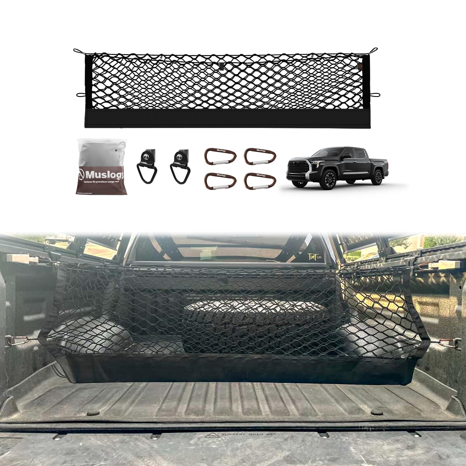 Muslogy Truck Bed Cargo Net Compatible with Toyota Tundra 2007-2024 2025 Accessories Storage Organizer Pickup Truck Bed Envelope Style Cargo Net with Heavy Duty Carabiners
