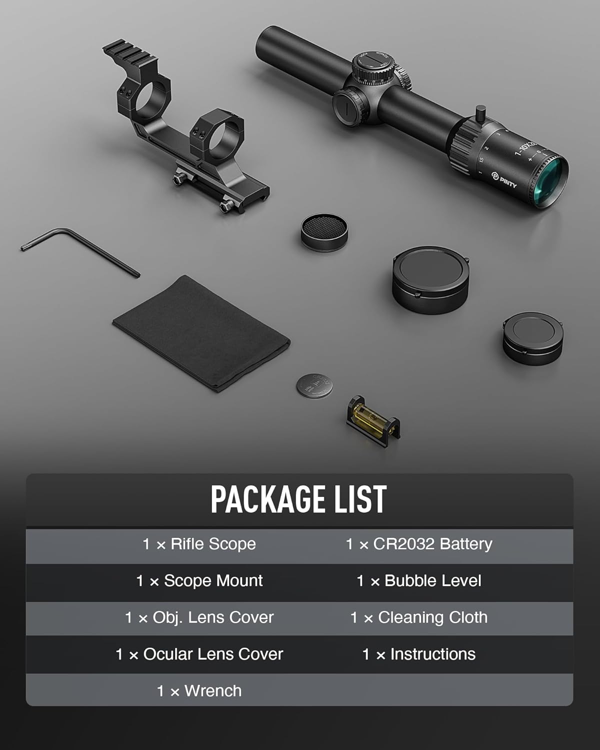 Image showing all items included in the Pinty FFP LPVO Rifle Scope package, including the scope, cantilever mount, lens covers, battery, cleaning cloth, wrench, and bubble level.