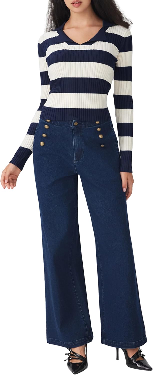 CIDER Womens 2025 Fall V Neck Long Sleeve Striped Sweater Slim Fitted Ribbed Knit Casual Pullover Polo Sweater - Image 2