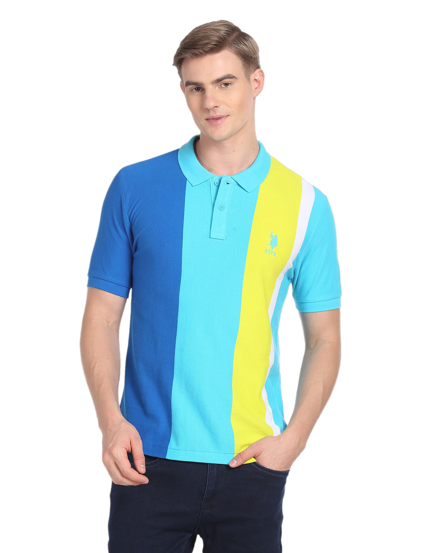 U.S. POLO ASSN. Men's Colour Block Pure Cotton Slim Fit Polo Shirt