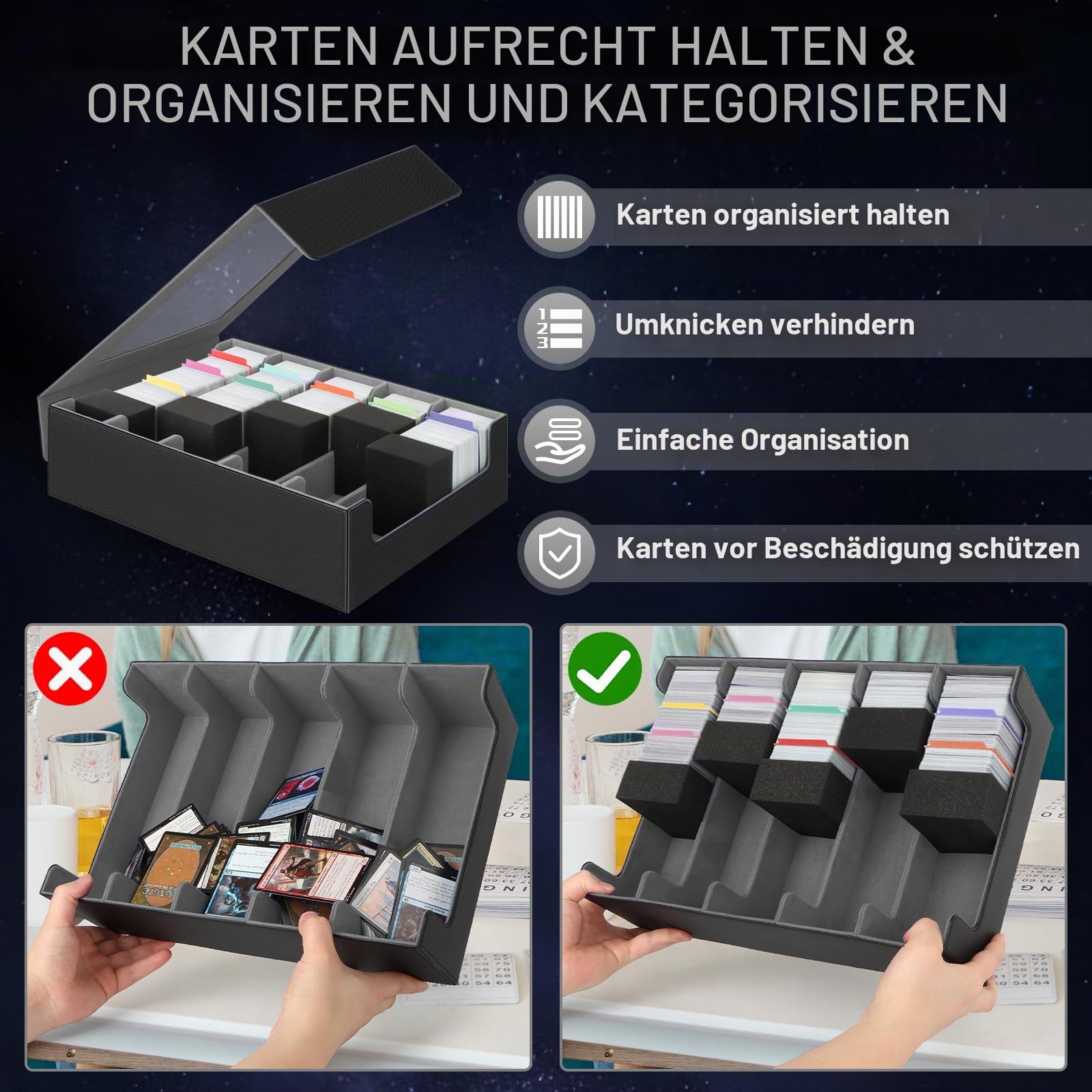 AOBOPLE Karten Box für 3900+ Karten,5 Reihen Sammelkarten-Aufbewahrungsboxen mit 48 Kartenteilern,Magnetische PU Leder Sammelkarten Box Deck Box für TCG,MTG,Sports Karten (Schwarz Grau)