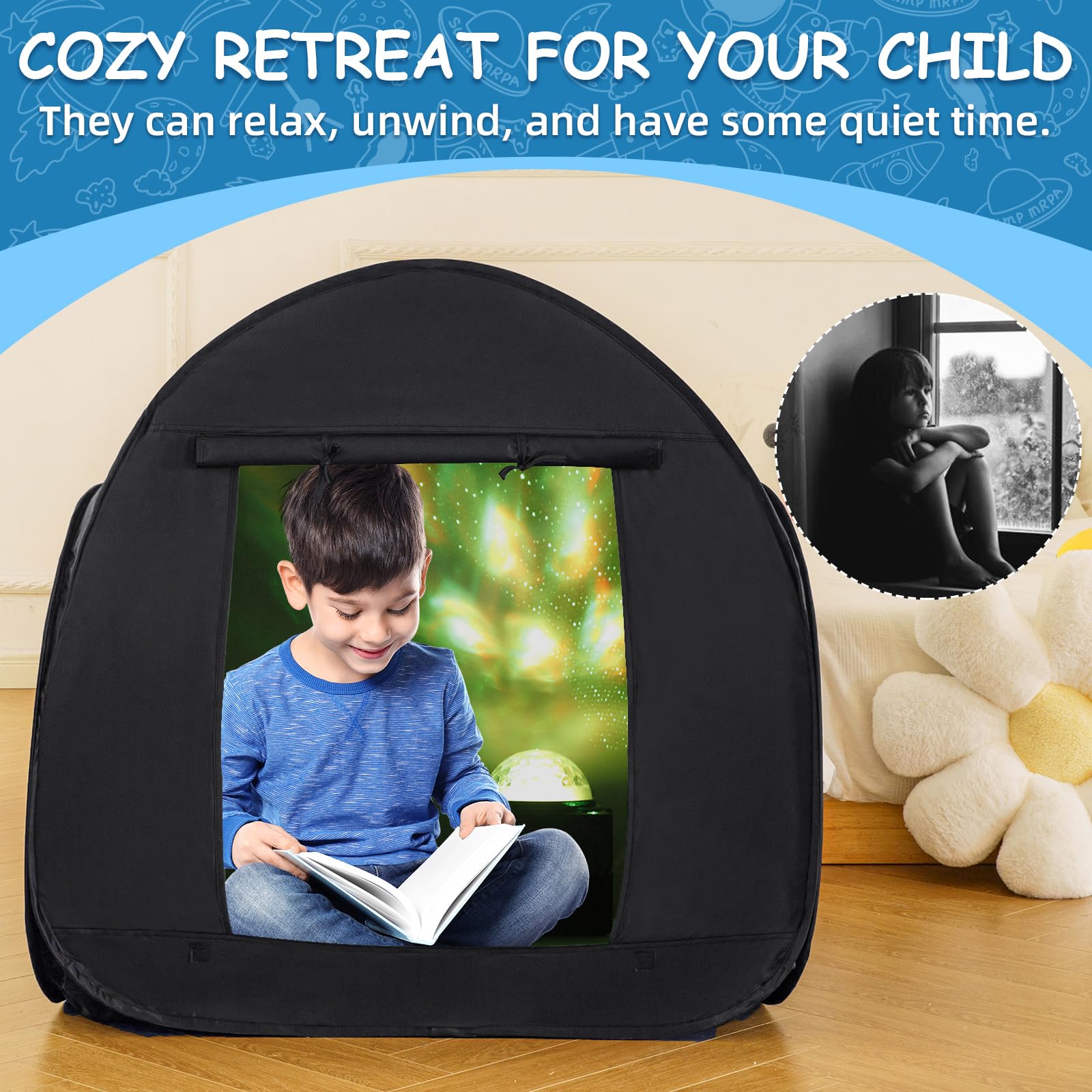 Sensory Tent for Kids, All-Black Blackout Tent for Children Relax & Reduce Anxiety & Improve Focus, Portable Pop-Up Play Tent with Travel Bag, Children's Calm Corner - Image 2