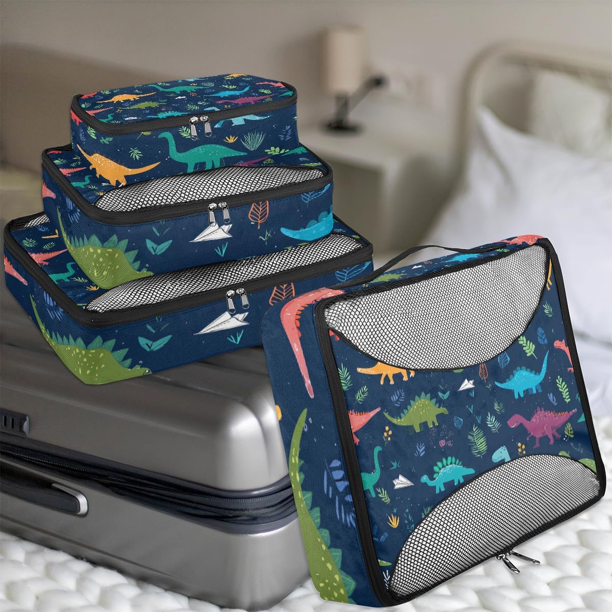 Cartoon Animal Dinosaur Tropical Trees Packing Cubes 4 Pack Travel Packing Bags Individual Carry on Suitcases Underwear Luggage Mesh Organizer Packing Cubes Set for Travel Bag Backpack