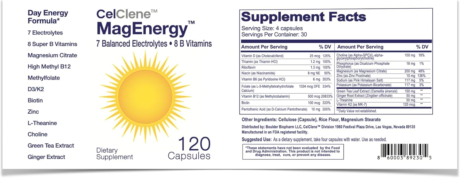CELCLENE MagEnergy 7 Electrolytes, 8 Super B Vitamins, High Magnesium, High Methyl B12, Methyl Folate, D3/K2, Biotin, Zinc for Hydration, L-Theanine, Choline, Green Tea, Ginger Extracts