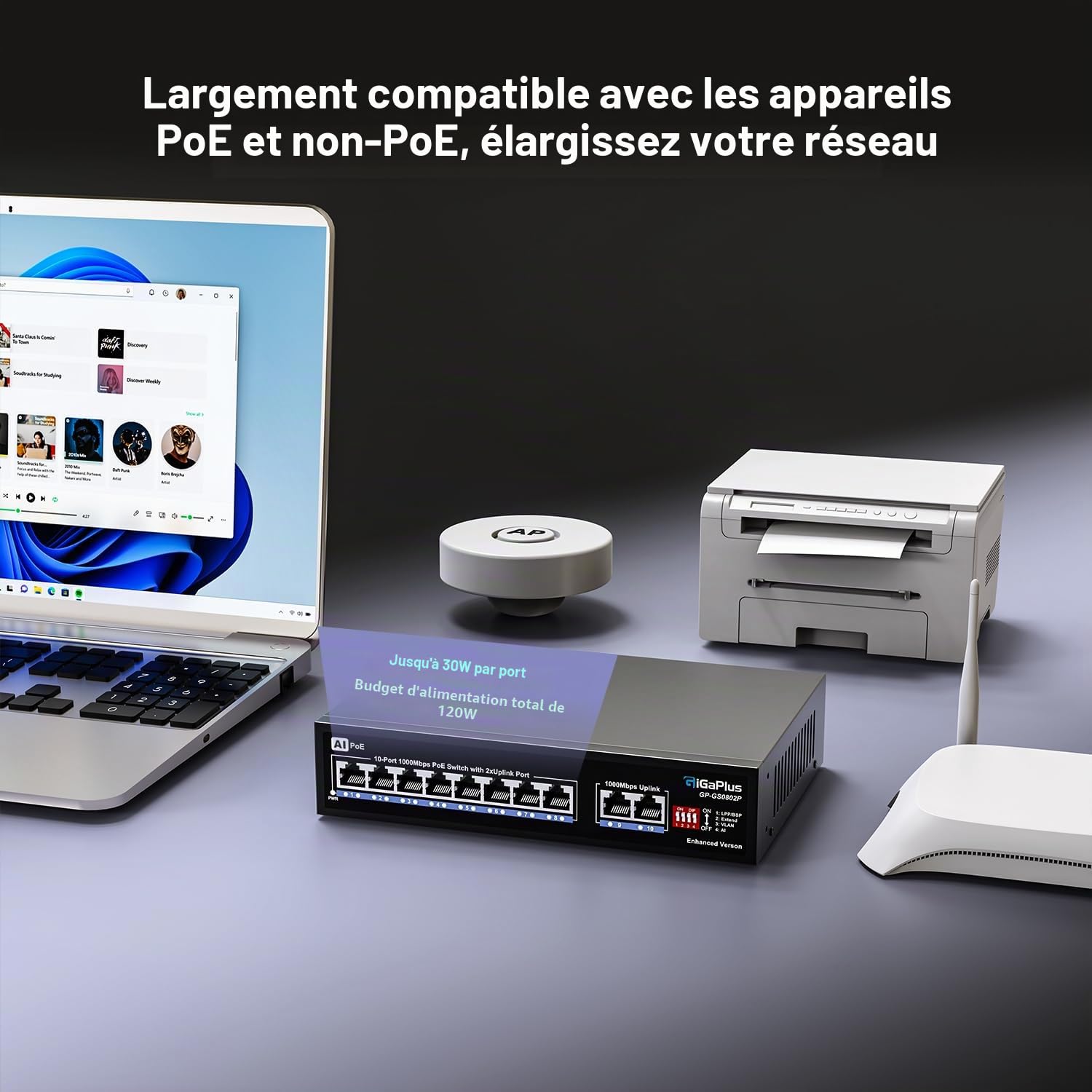 10 Port Gigabit PoE Switch with 8 Port PoE+ 1000Mbps, 2x1000Mbps Uplink, GiGaPlus 10 Port IEEE802.3af/at PoE @72W, Support VLAN, AI watchdog, Metal Housing, Desktop Or Wall-Mount, Plug & Play