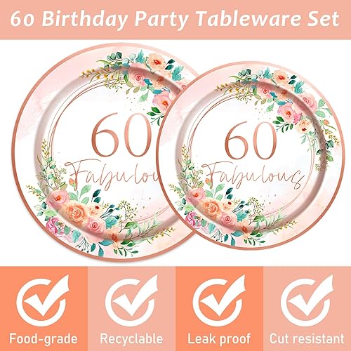 Miniatura 3 de 96 piezas de suministros para fiesta de 60 cumpleaños, 60 fabulosos platos de papel de cumpleaños de 60 años, servilletas y tenedores de oro rosa
