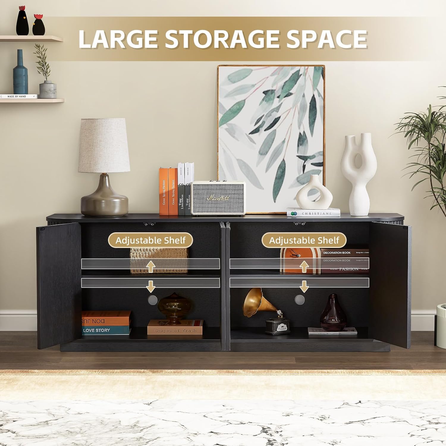 64" Fluted TV Stand with 4 Doors, Modern Press-to-Open Media Console, Curved Sideboard Cabinet with Adjustable Shelf for Living Room,Kitchen,Entryway (64" W x 15" D x 24" H)