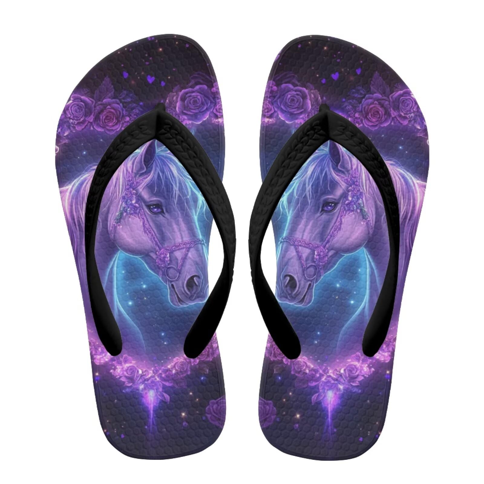 Watdotory Boy Flips Flops for Kids Purple Horse&Rose Print Child Slip-on Thong Sandals Kid Boys Slides Water Shoes for Beach Swim Pool Size 3
