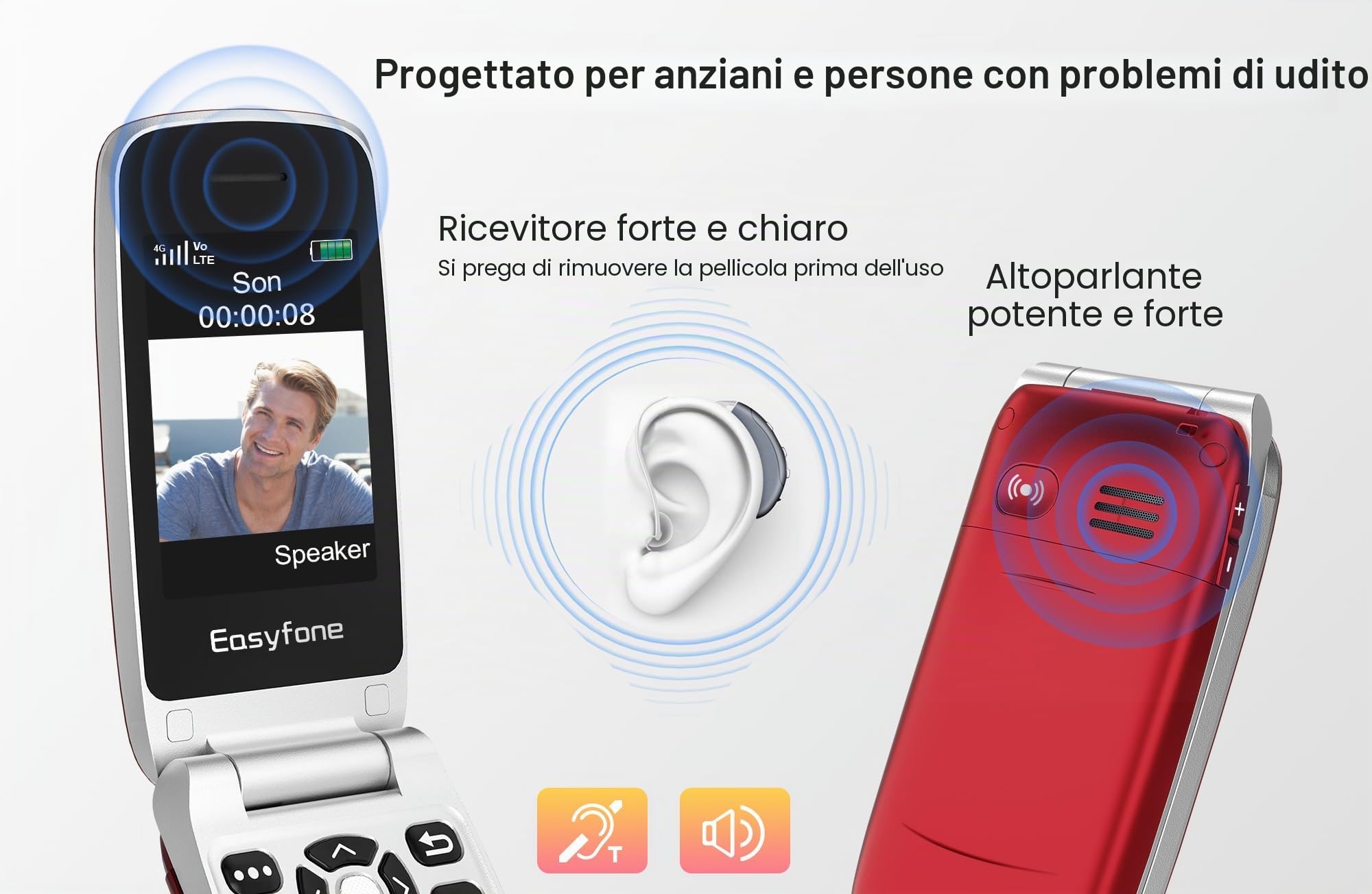 Easyfone Prime-A1 Pro 4G GSM Telefono Cellulare a conchiglia per Anziani, Telefono Cellulare con Tasti Grandi, Funzione SOS, Dual HD IPS Display, Base di ricarica, 1500mAh Batteria (Rosso)