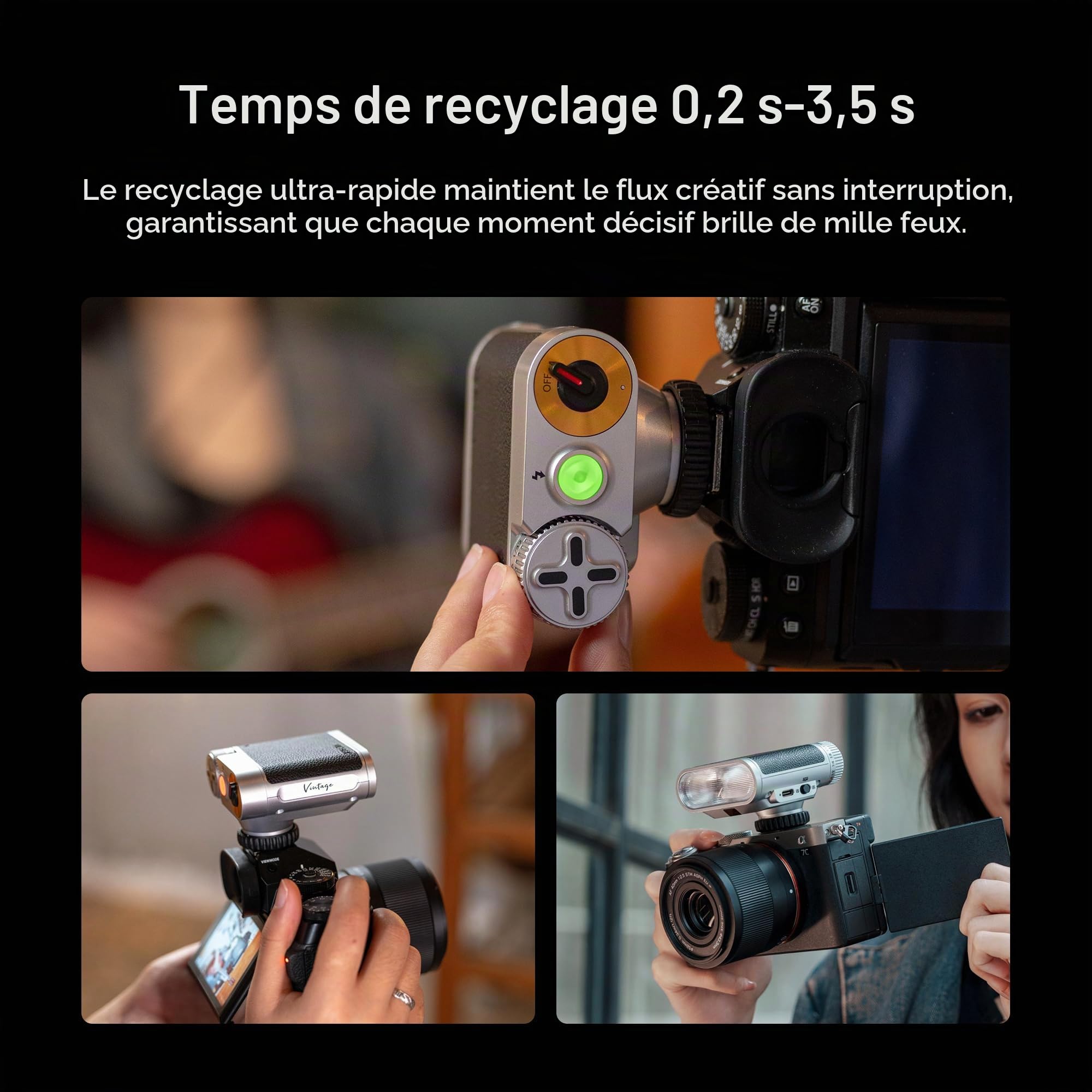 VILTROX Z1+ Mini flash Speedlite GN12 6500 K Flash pour appareil photo avec 7 niveaux, contrôle optique S1/S2, boîte à lumière amovible, compatible avec les appareils photo Canon Fuji Nikon Panasonic