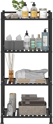 Miniatura 8 de Esquinero de almacenamiento de 4 niveles para el baño, estante abierto de pie, estante de esquina de metal para la cocina, salón, pasillo (negro, 4