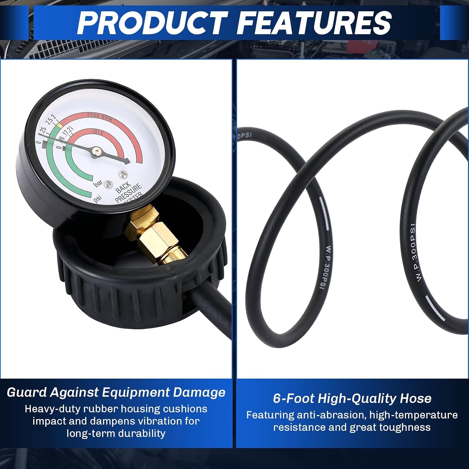 Exhaust Back Pressure Tester Kit | Professional Exhaust Back Pressure Gauge Set with 6-Foot Hose, M12/M18 Adapters, 2 Hose Clamps & Carrying Case, for Turbo, DPF & Catalytic Converter Testing