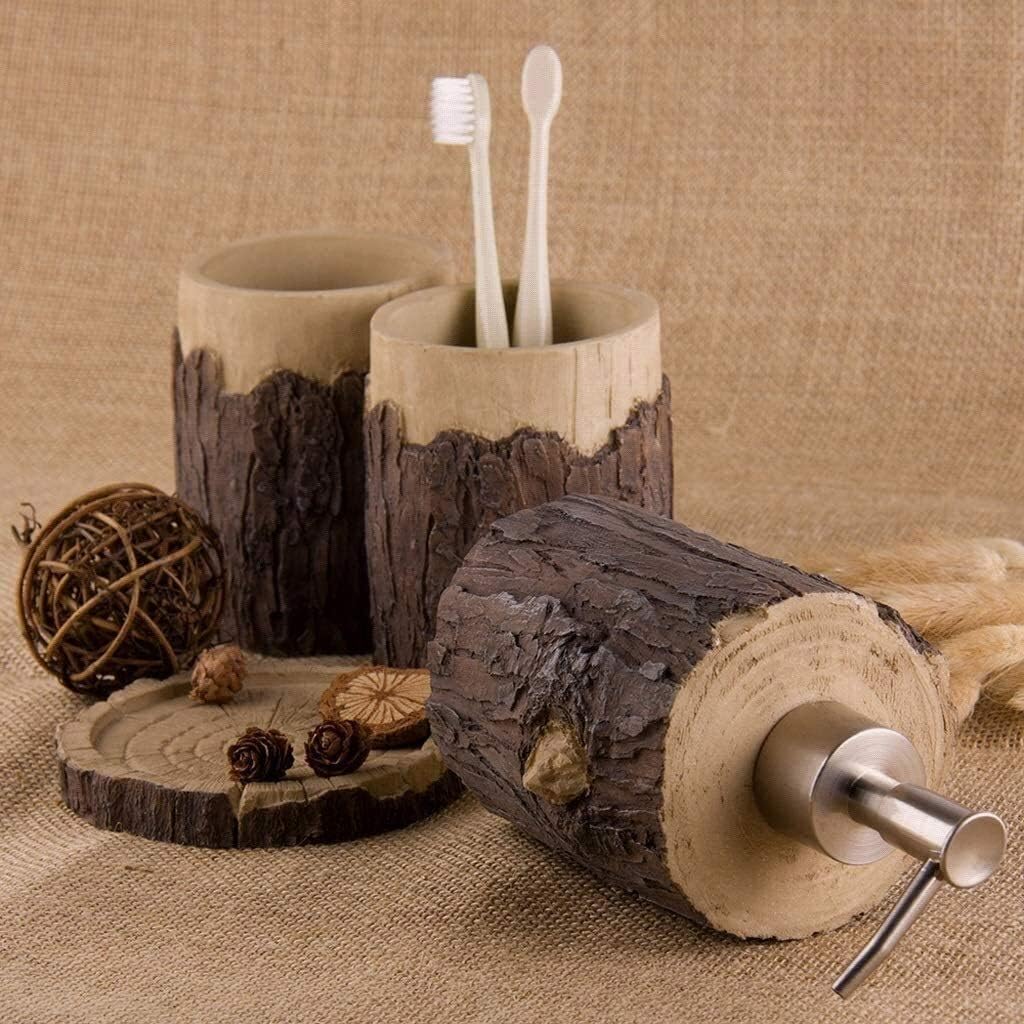 Soap Dispenser Refillable Hand Lotion Dispensers, Soap Bottle Bathroom Accent Resin Accessories Realistic Tree Head Design Emulsion Dispenser and Mouthwash Cup Four Piece Set 280ml Kitchen