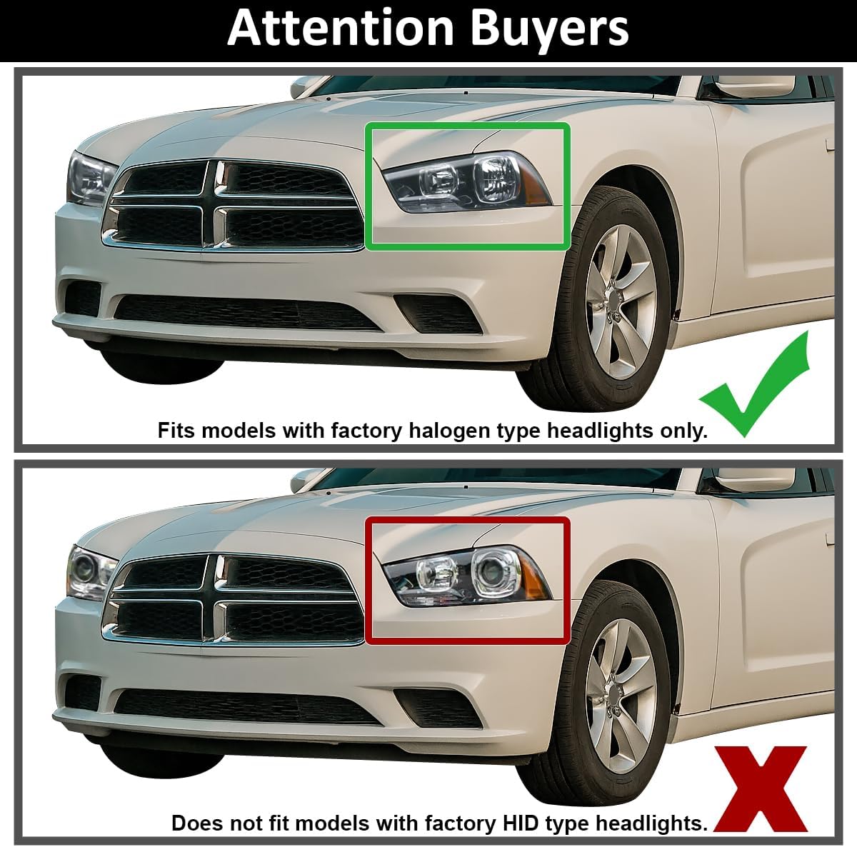 SPEC-D TUNING Jet Black Dual LED Tube Projector Headlights Compatible with 2011-2014 Dodge Charger, Left + Right Pair Headlamps Assembly