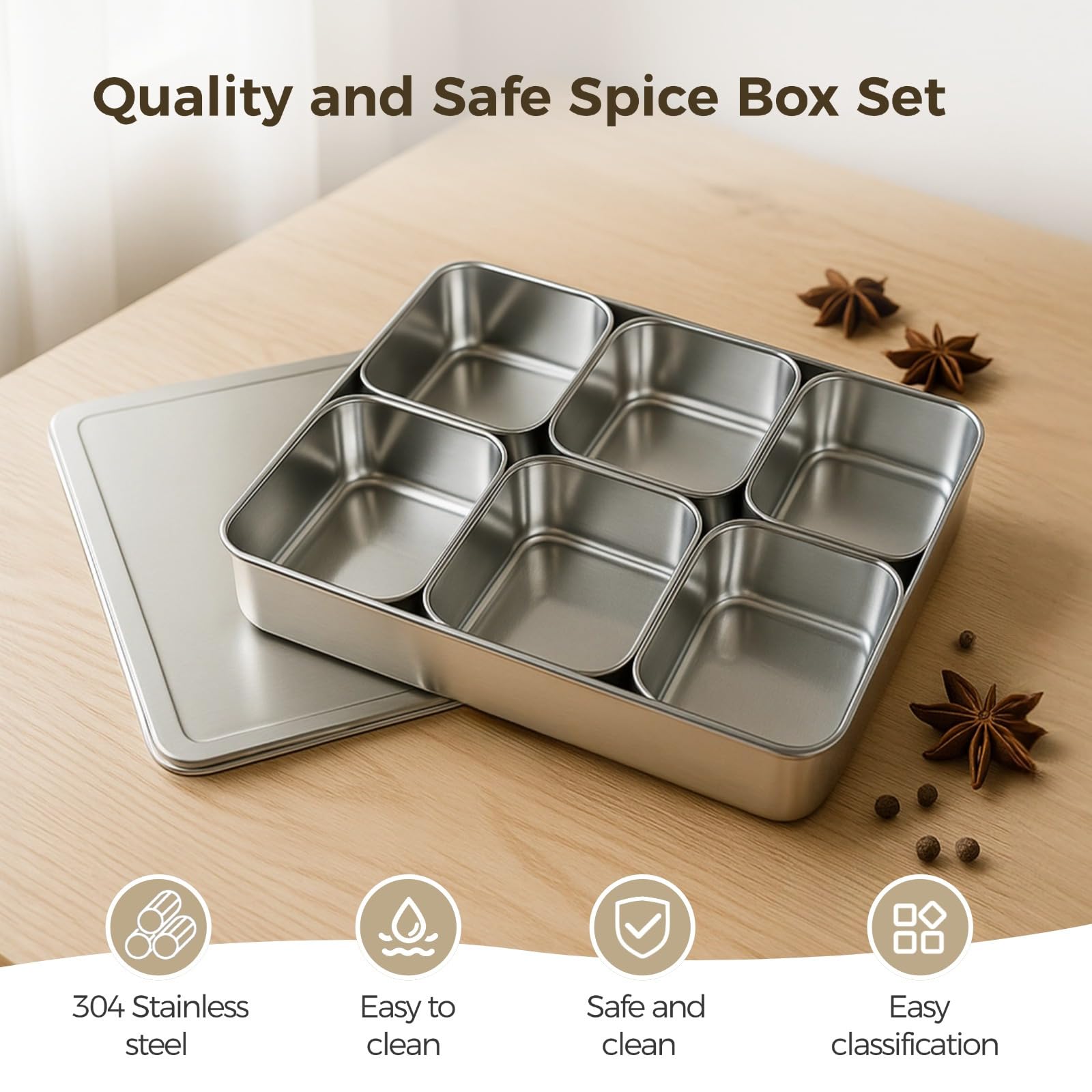 Gewürzbox aus Edelstahl 304 mit mehreren Fächern, japanischer Stil, Organizer für Gewürze, ideal für Küchen und gewerbliche Nutzung