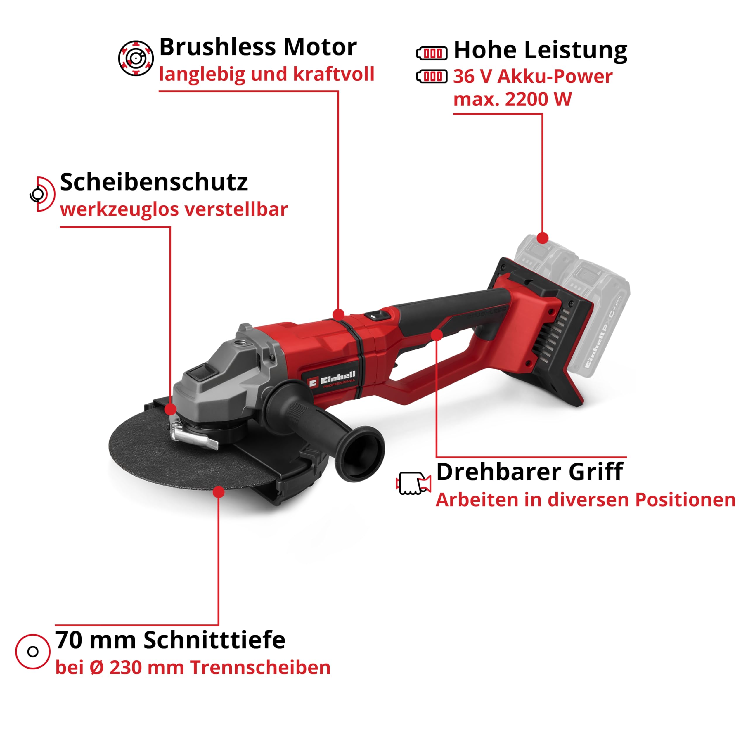 Einhell Professional Akku-Winkelschleifer TP-AG 36/230-22 Li BL PXC (36 V, 2200 W, 230 mm Scheiben-Ø, 70 mm Schnitttiefe, Brushless, inkl. 5,2 Ah Akku + Ladegerät)