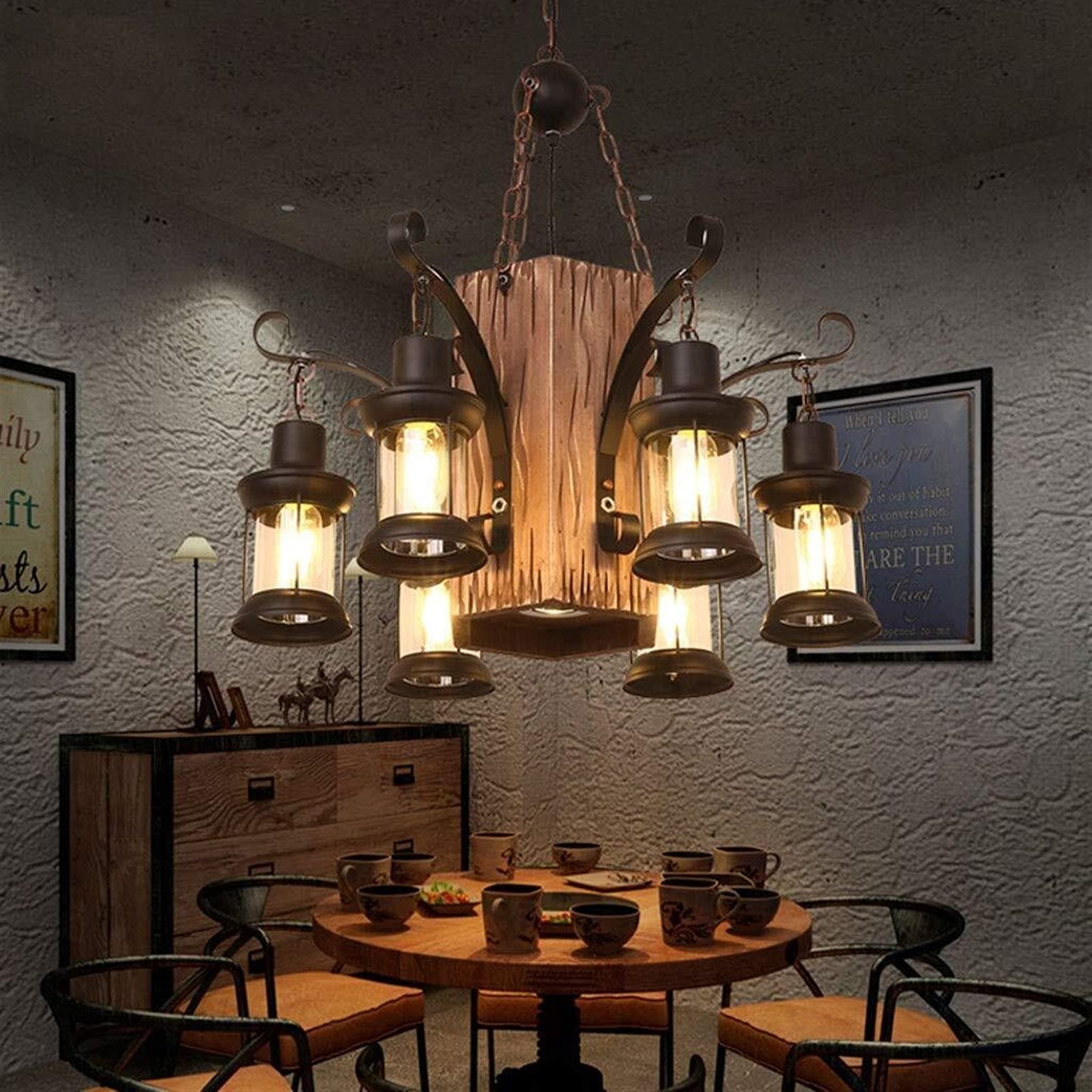 Lampadario in legno nero, ferro battuto, molteplici teste, illuminazione decorativa, illuminazione per terrazze, illuminazione a sospensione per caffè, balconi e bar.
