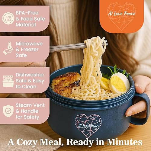 Miniatura 3 de AI LOVE PEACE Juego de tazones de ramen para microondas, 40 onzas, sin BPA, con mango resistente al calor, tazón portátil para fideos, regalo de