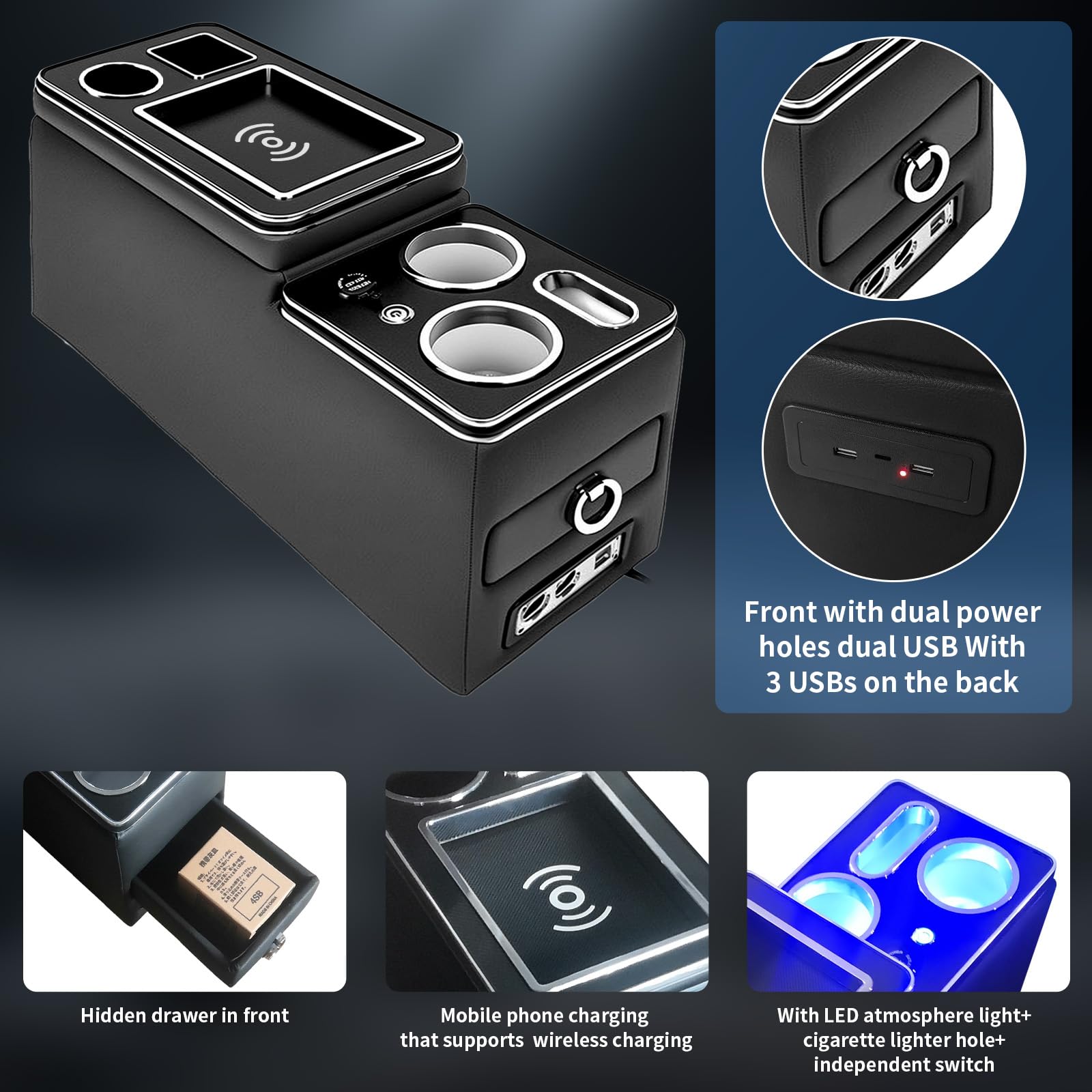 Middenconsole met planken opbergvak compatibel met VW T5 T6 T6.1 Alle modellen van 2013-2019, middenconsolebox universeel, middenconsole auto met draadloos inductief opladen, USB en LED-lichtaccessoir Middenconsole met planken opbergvak compatibel met VW T5 T6 T6.1 Alle modellen van 2013-2019, middenconsolebox universeel, middenconsole auto met draadloos inductief opladen, USB en LED-lichtaccessoir