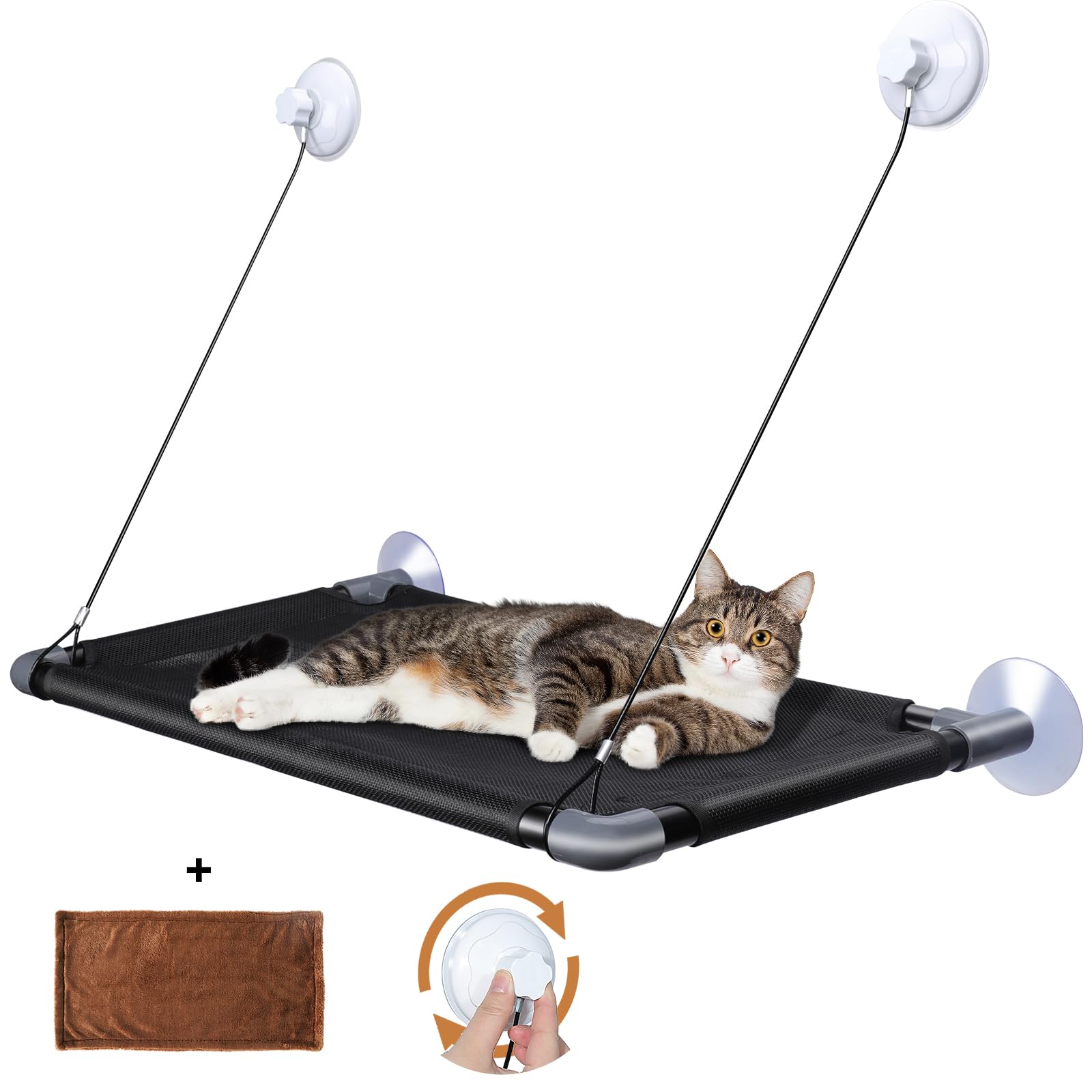 Zvonema Hamac Chat Fenetre jusqu'à 10kg, Hamac pour Chat avec Ventouse Puissante, Couverture Marron & Cadre en Acier Inoxydable, Facile à Installer Supporte,67 x 38 cm