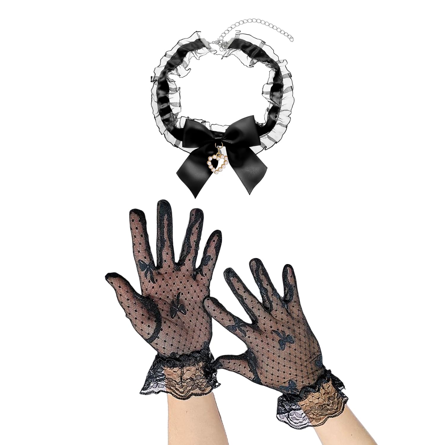 1 Pair Of Lace Bow Gloves And 1 Collar, Retro Ele Style, Dinner Party Accessories, Suitable For Women'S Dress Matching, Prom Dress Up