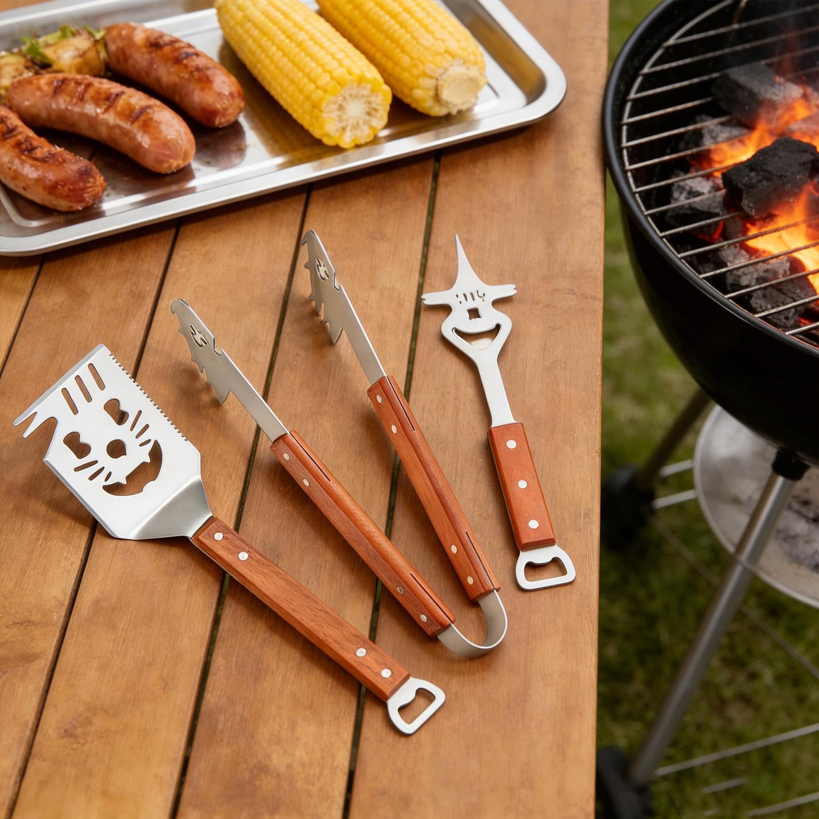 Set di Utensili per Barbecue 3 Pezzi Multifunzionale Compatto Completo