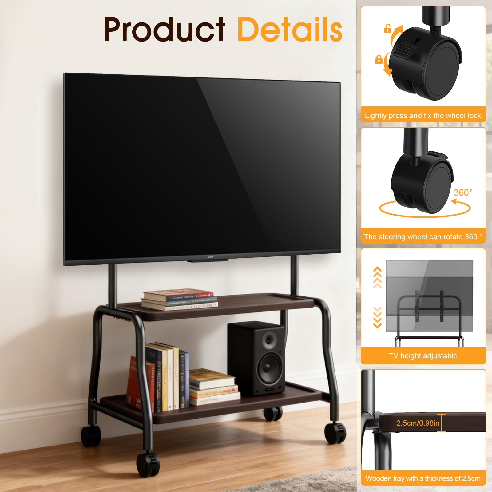 Soporte de TV enrollable para televisores de 32 a 75 pulgadas de hasta 50 kg, soporte de TV con ruedas con estante de madera, soporte de suelo para TV de altura ajustable, máx. VESA 600 x