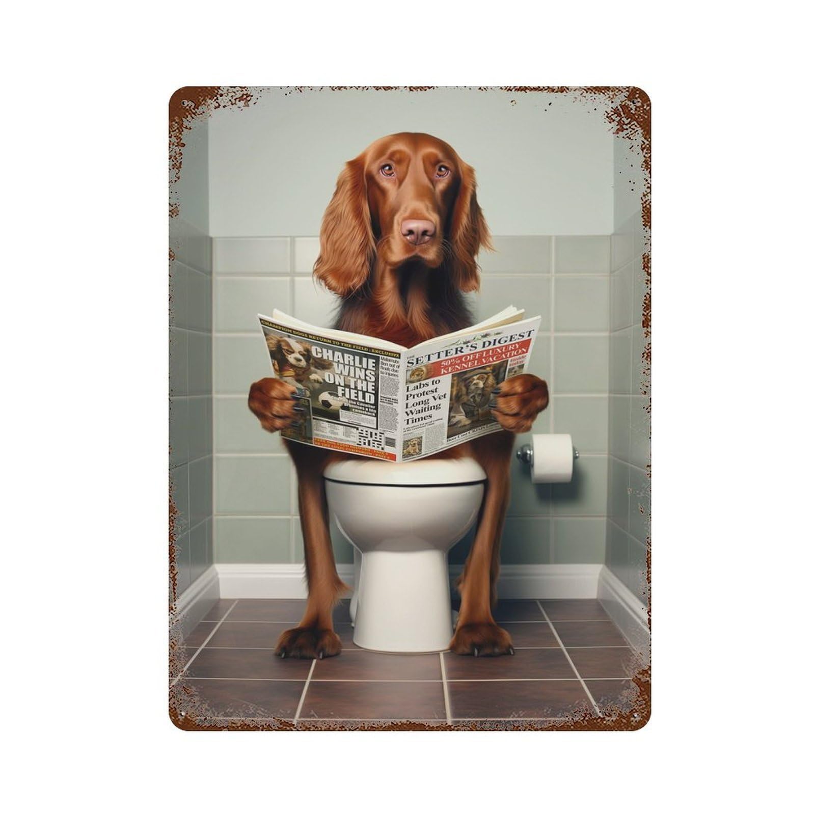 Rust Effect Irish Setter on The Toilet Aged Metal Wall Plaque 15.7"x11.8", Rustic Home Decor for Bistro, Counter And Cafe Decor