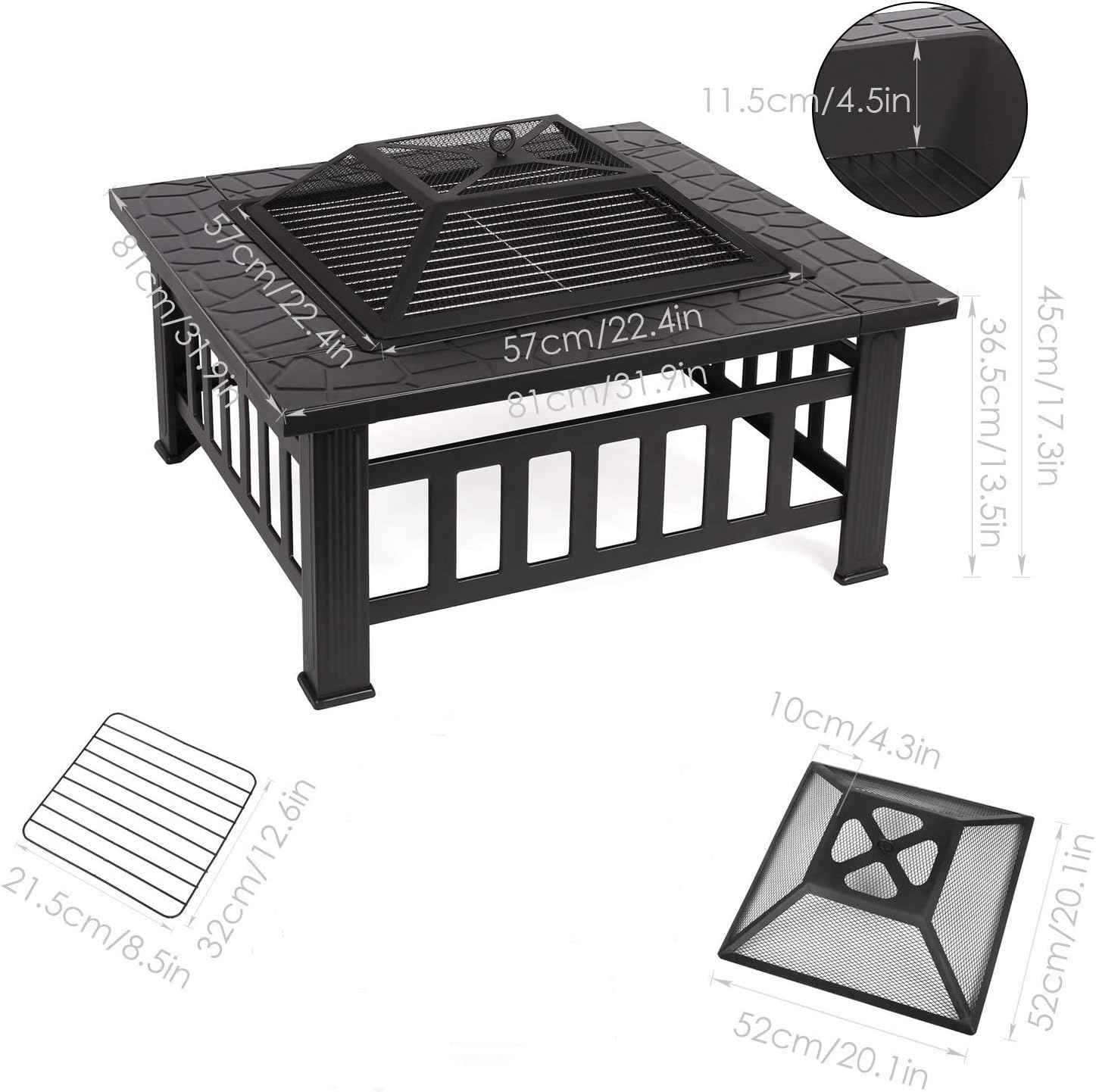 Mcombo 32" Metal Fire Pit Square Table Backyard Patio Terrace Fire Bowl Heater/BBQ/Ice Pit with Charcoal Rack Waterproof Cover 0039, Black