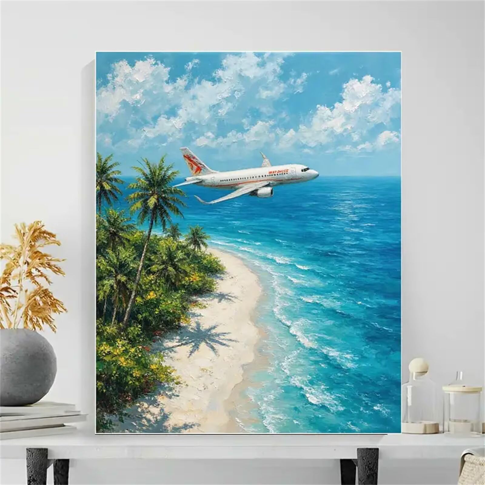 Pintar por Numeros para Adultos,con marco Paint by Numbers Kit DIY Cuadros Pintura al óleo de Lienzo con pigmento acrílico y pinceles para Hogar Pared Decoración Avión de isla tropical,50x65 cm