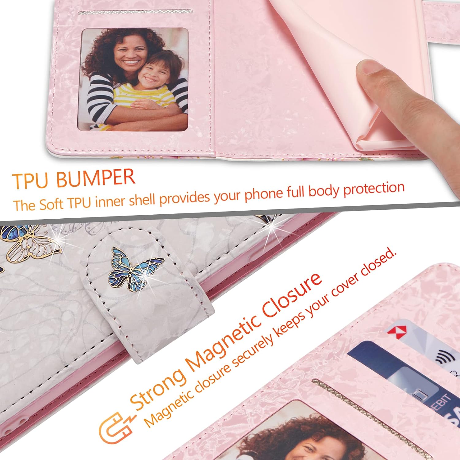 UEEBAI Wallet Case for iPhone 15 Pro, PU Leather Phone Case Kickstand RFID Blocking Flip Case Card Slots Wrist Strap Relief Engraved Pattern Magnetic Closure Flower Folio Case, BlueButterfly - Image 6