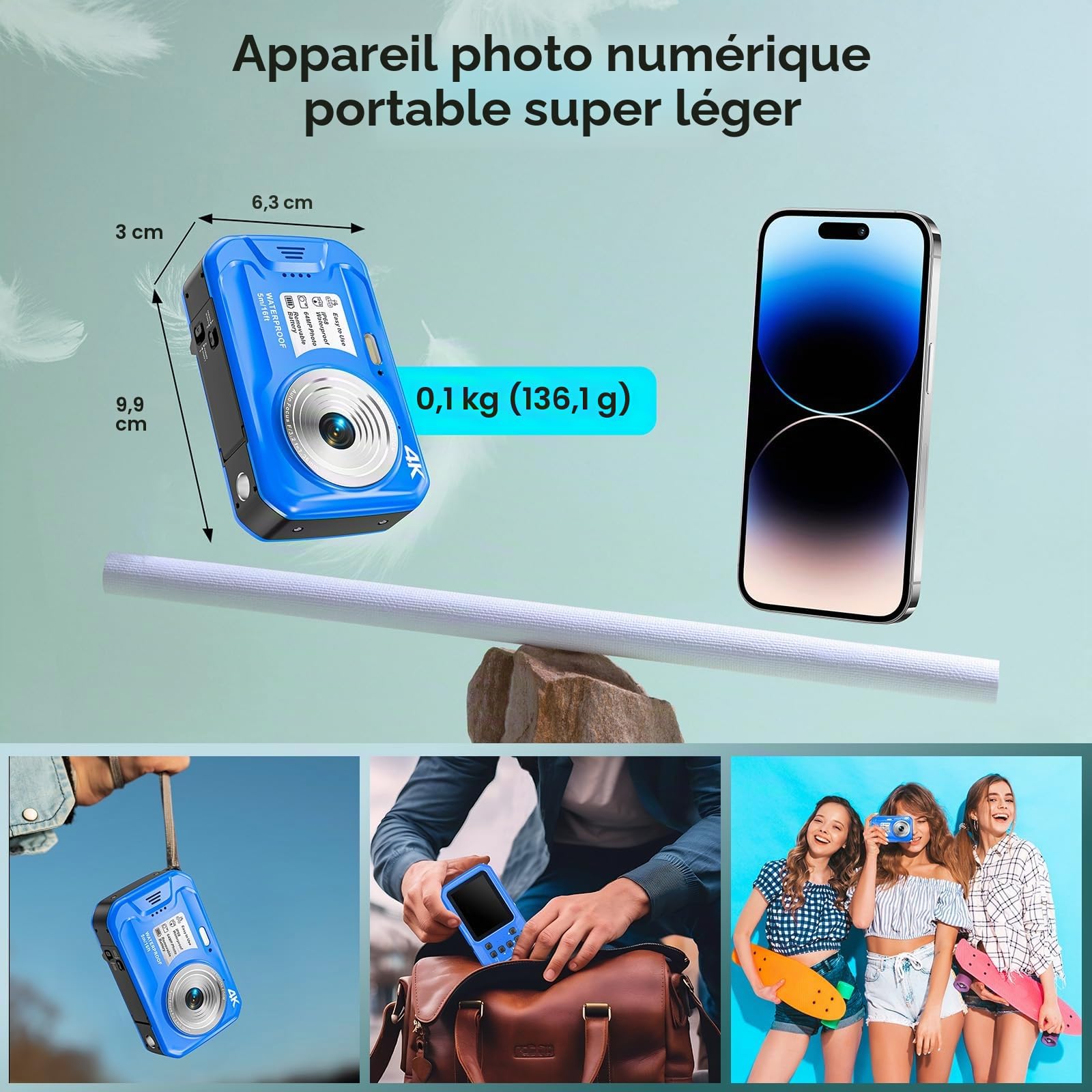 Appareil Photo Etanche Caméra sous-Marine 2,7k Caméra imperméable Full HD 64 MP 16ft pour plongée en apnée, écran de 2,7 Pouces 16x Zoom numérique et Carte de 32 Go