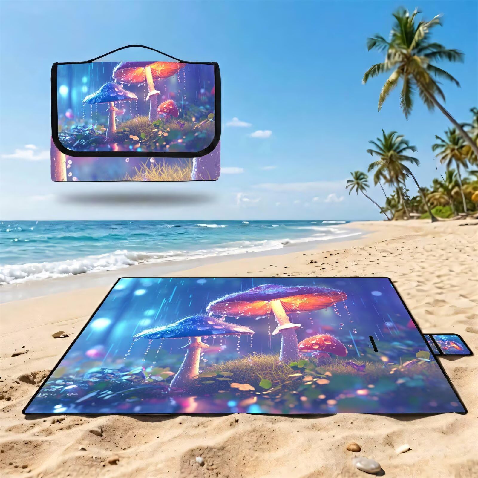 Manta de Picnic Grande 200x200cm, Hongo Manta Picnic Impermeable, Caricatura Esterilla de Playa Alfombra de Exterior, Picnic Blanket Plegable con Asa para Camping,Jardín,Césped,Playa,Senderismo FZ-80