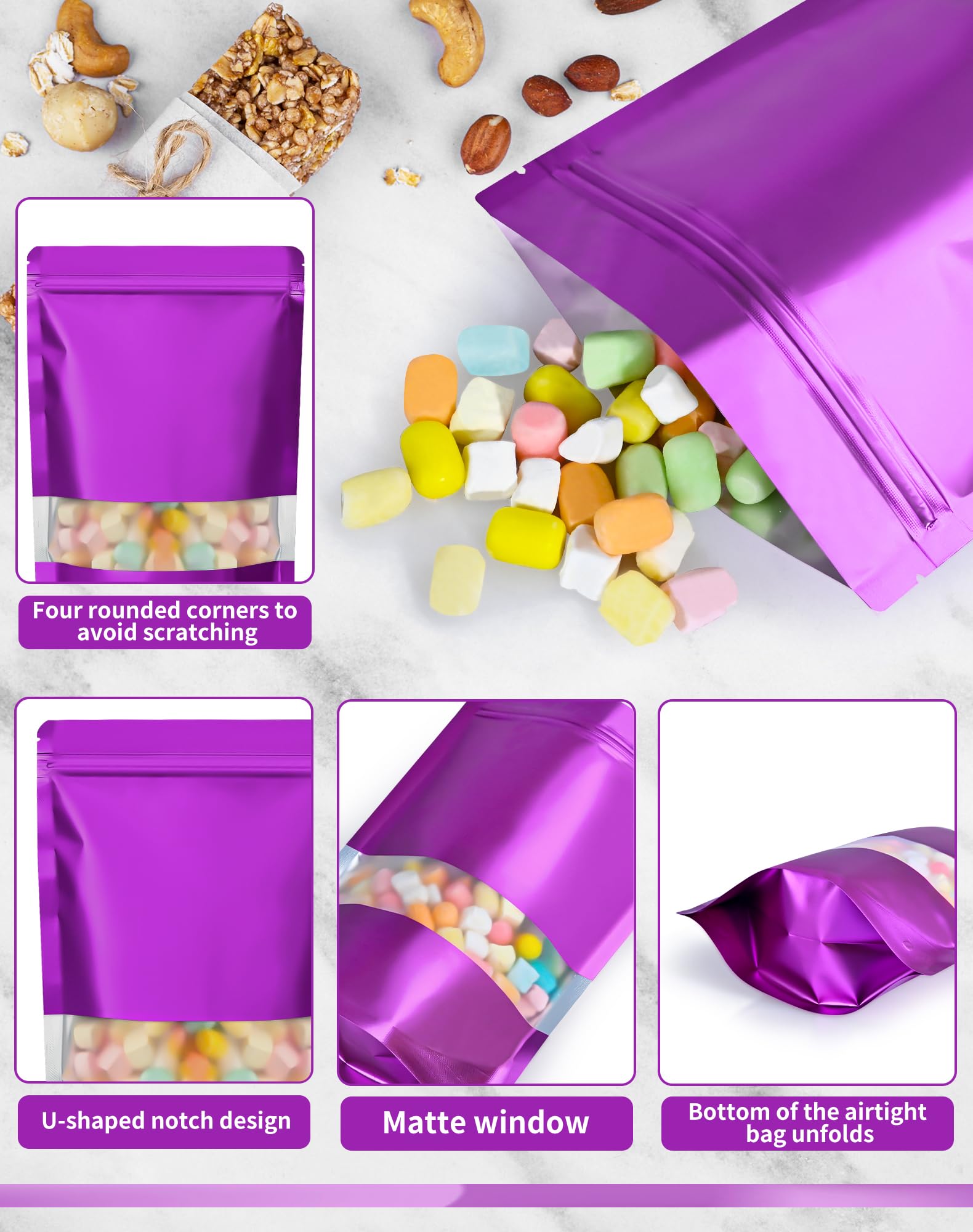 Paquete de 100 bolsas a prueba de olores, bolsas resellables con ventana mate, bolsa de aluminio con cierre de pie para embalaje (5.9 x 8.6 pulgadas, morado)