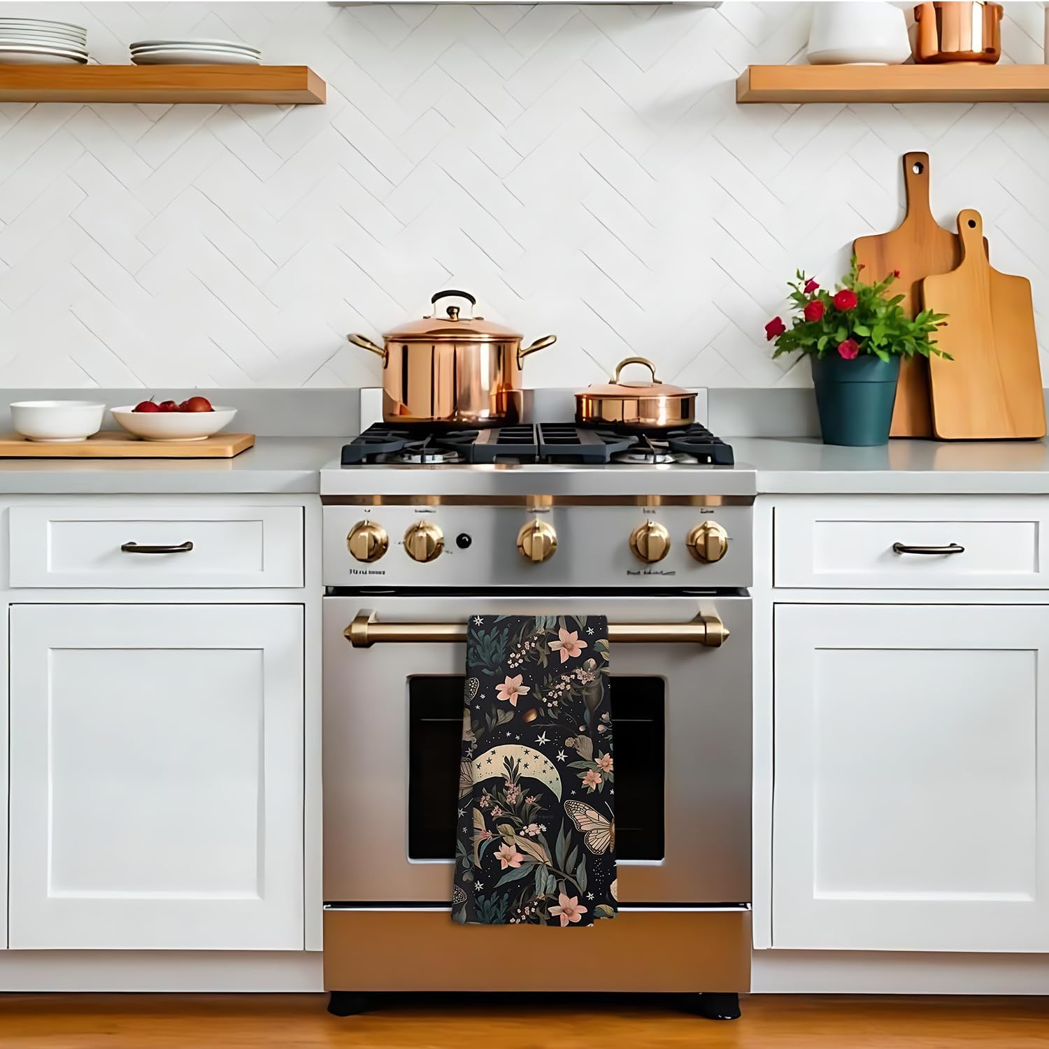 Mystical Gothic Witchy Floral Moth Moon Kitchen Towels, Vintage Boho Botanical Night Sky Dish Tea Towels, Dark Academia Cottagecore Hand Towels for Kitchen Bathroom, 16x24 Inch - Image 4