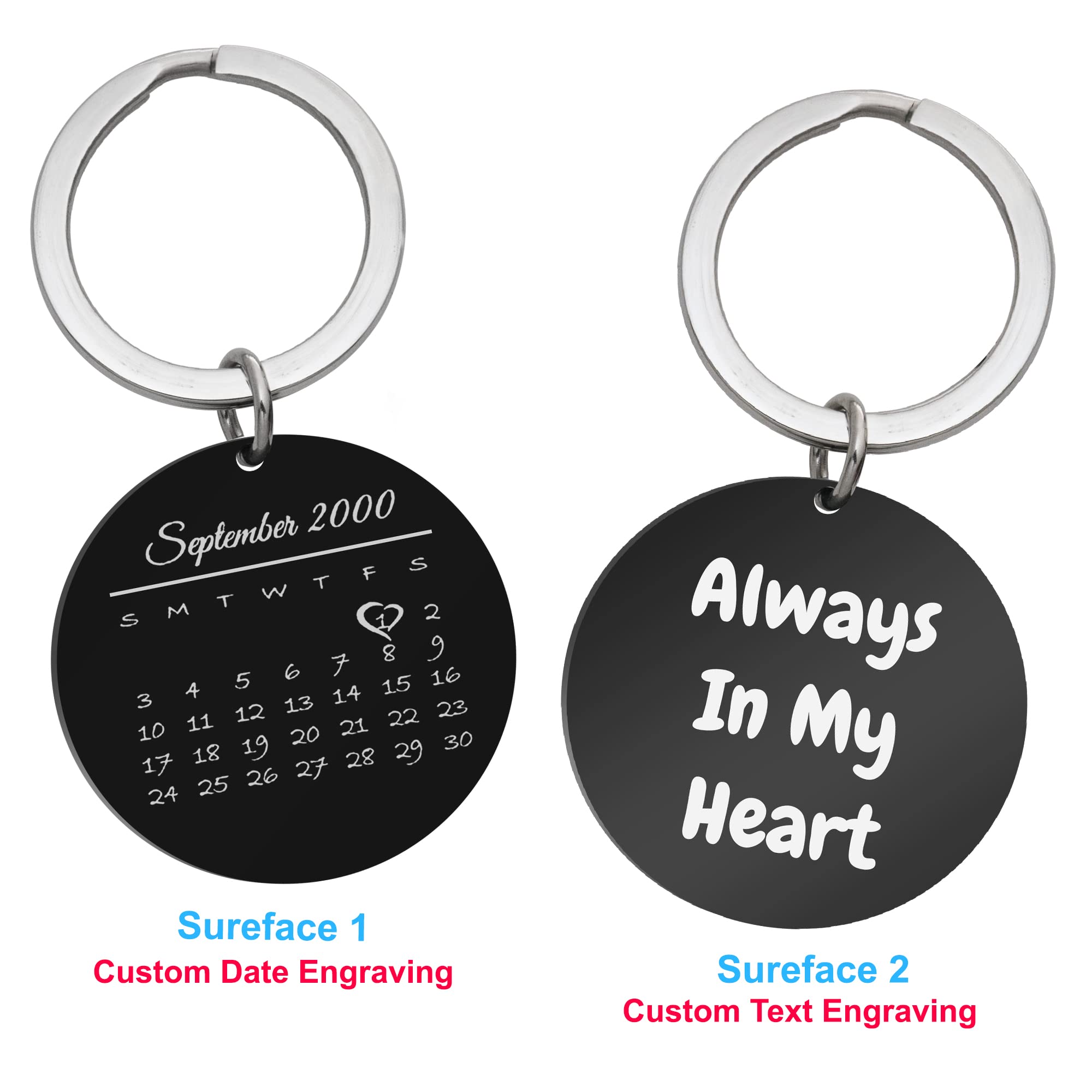 Laser Engraved Personalized Calendar Speical Date Name Text Love Note Custom Stainless Steel Round Dog Tag Pendant Momery Keychain Keyring