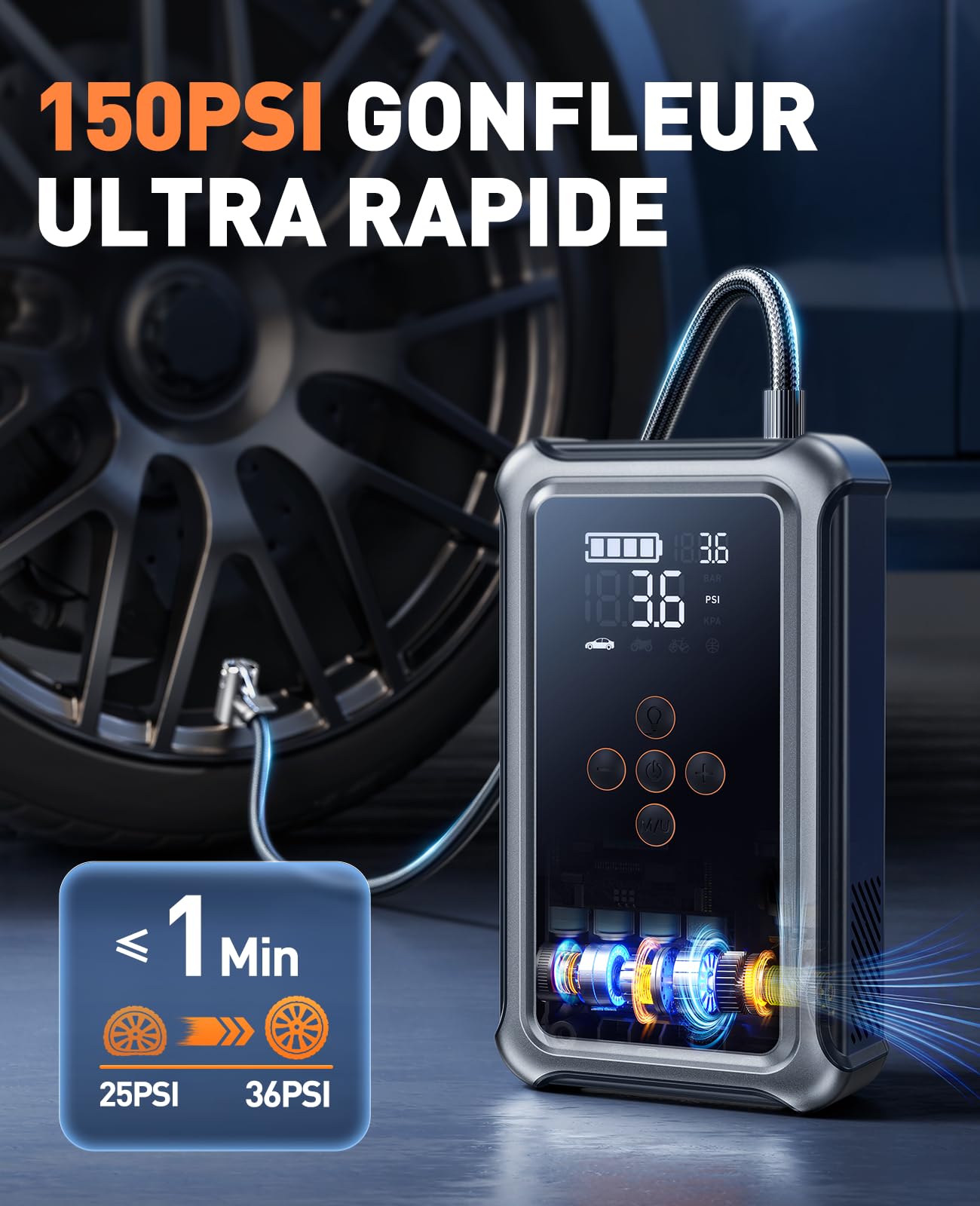 5000A Booster Batterie Voiture avec Gonfleur 150 PSI, Démarreur Batterie Voiture (Tous Gaz ou 10,0 L Diesel), 12V Jump Starter avec 5 Modes d'inflation, 3 Modes LED, Écran, Démarrage Forcé