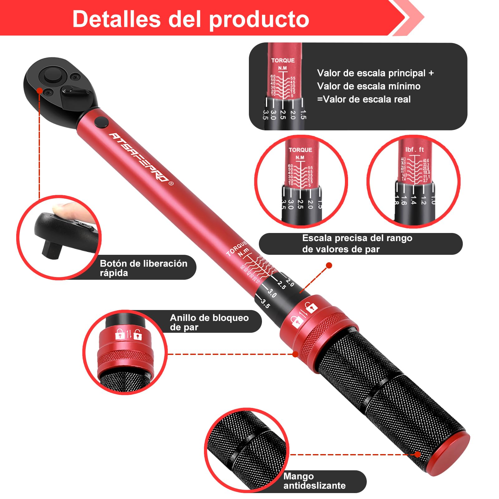 ATsafepro Llave Dinamométrica 3/8'', Llave Dinamométrica coche 5-60 Nm, Chave Dinamométrica para Bicicleta, Moto y Coche Mantenimiento del Vehículo,Precisión ±3% con 72 Dientes