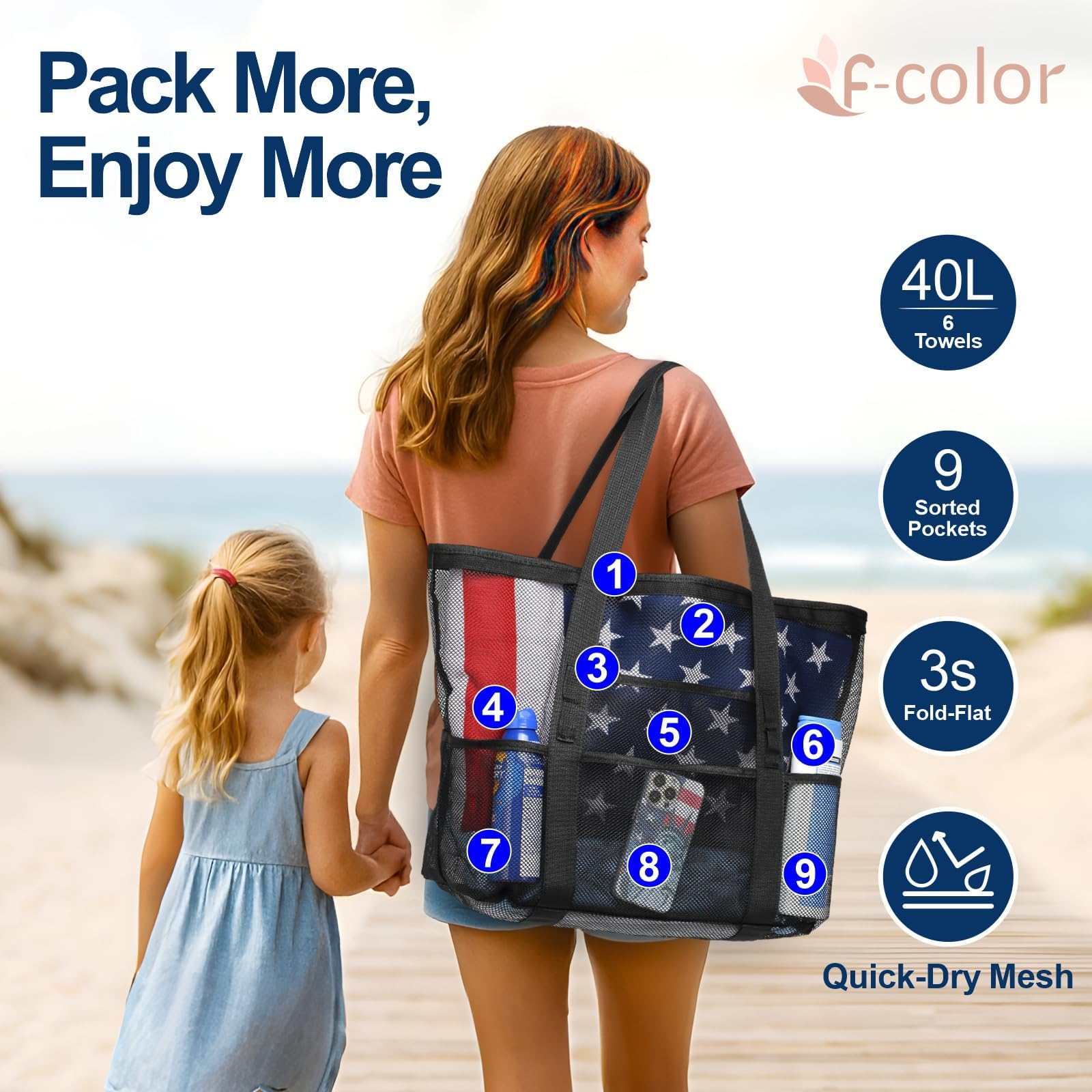 MAKABEE Mesh Beach Bag Family - Large Tote Bag 17.9" L x 15" H x 9" W(45.4cmL*38cmH*22.8cmW) Wfor Cruise Pool Toys Beach Vacation Essentials 1