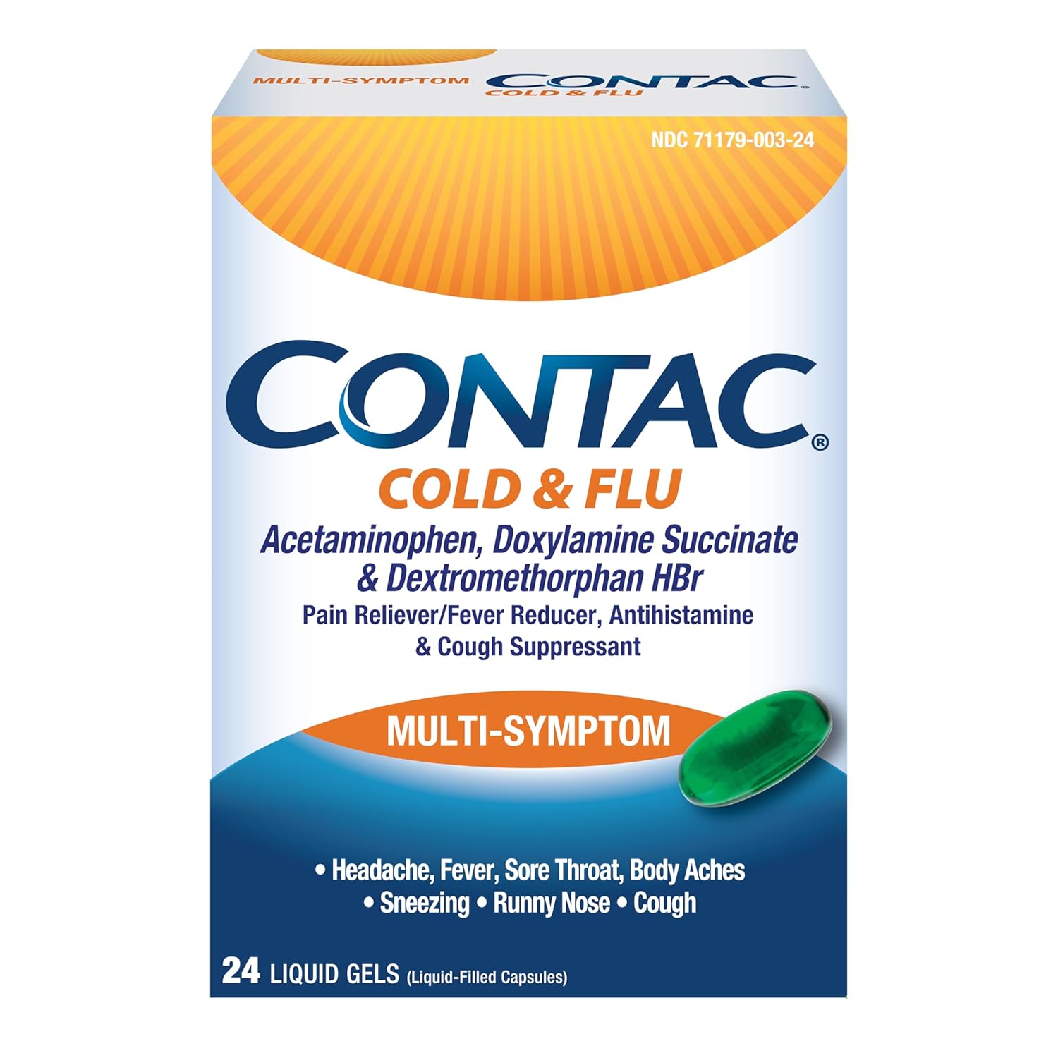 Contac Cold & Flu Medicine, Powerful, Multi-Symptom Relief for Pain, Fever, Sore Throat, Body Aches, Sneezing, Runny Nose & Cough, 24 Count Liquid Gels - Image 1 of 6