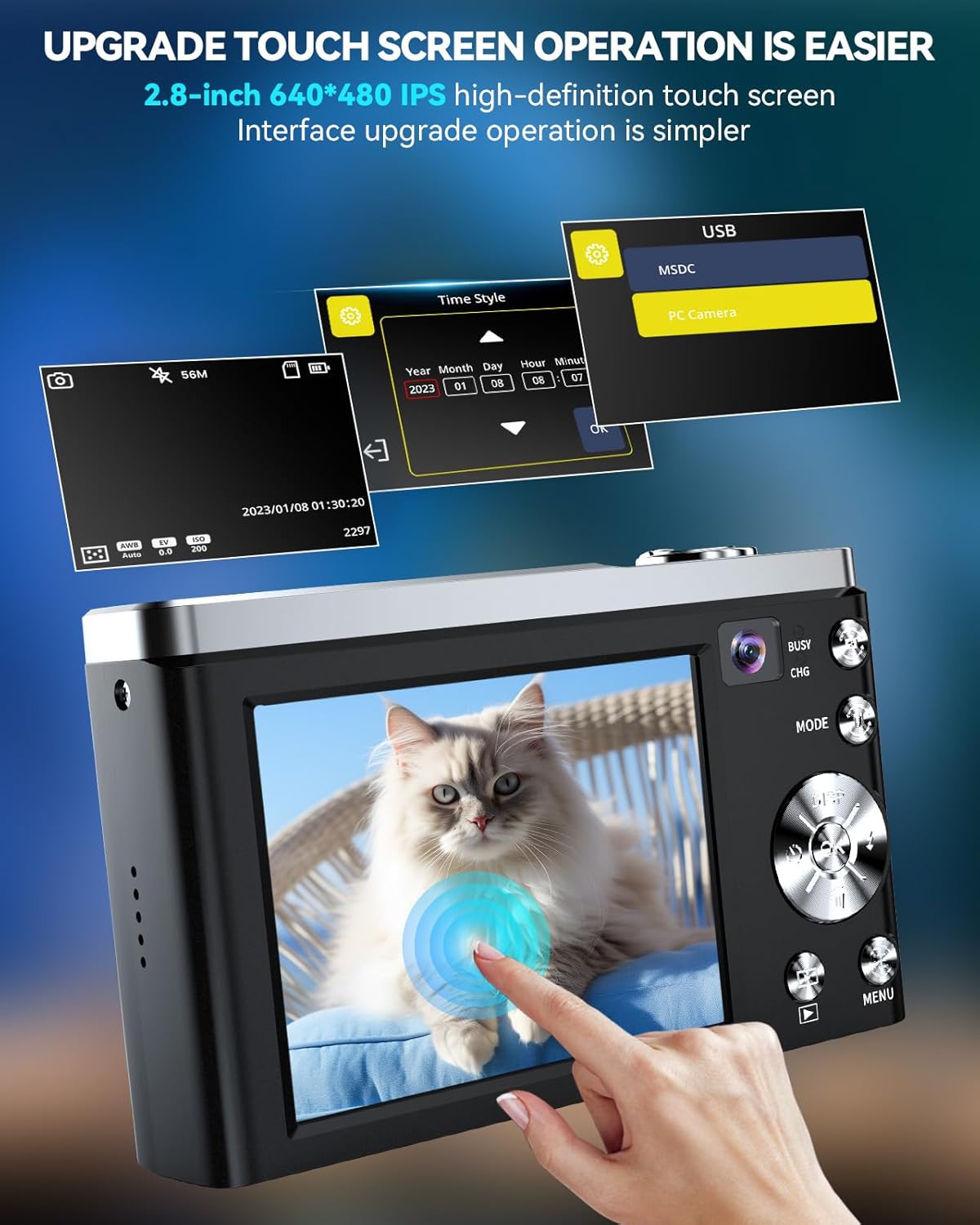 Digital Camera,5K 56MP Cameras for Photography Autofocus,Vlogging Compact Camera with Front and Rear Camera,10X Optical Zoom,6-Axis Anti-Shake,Touch Screen with 64GB SD Card,2 Batteries - Image 6