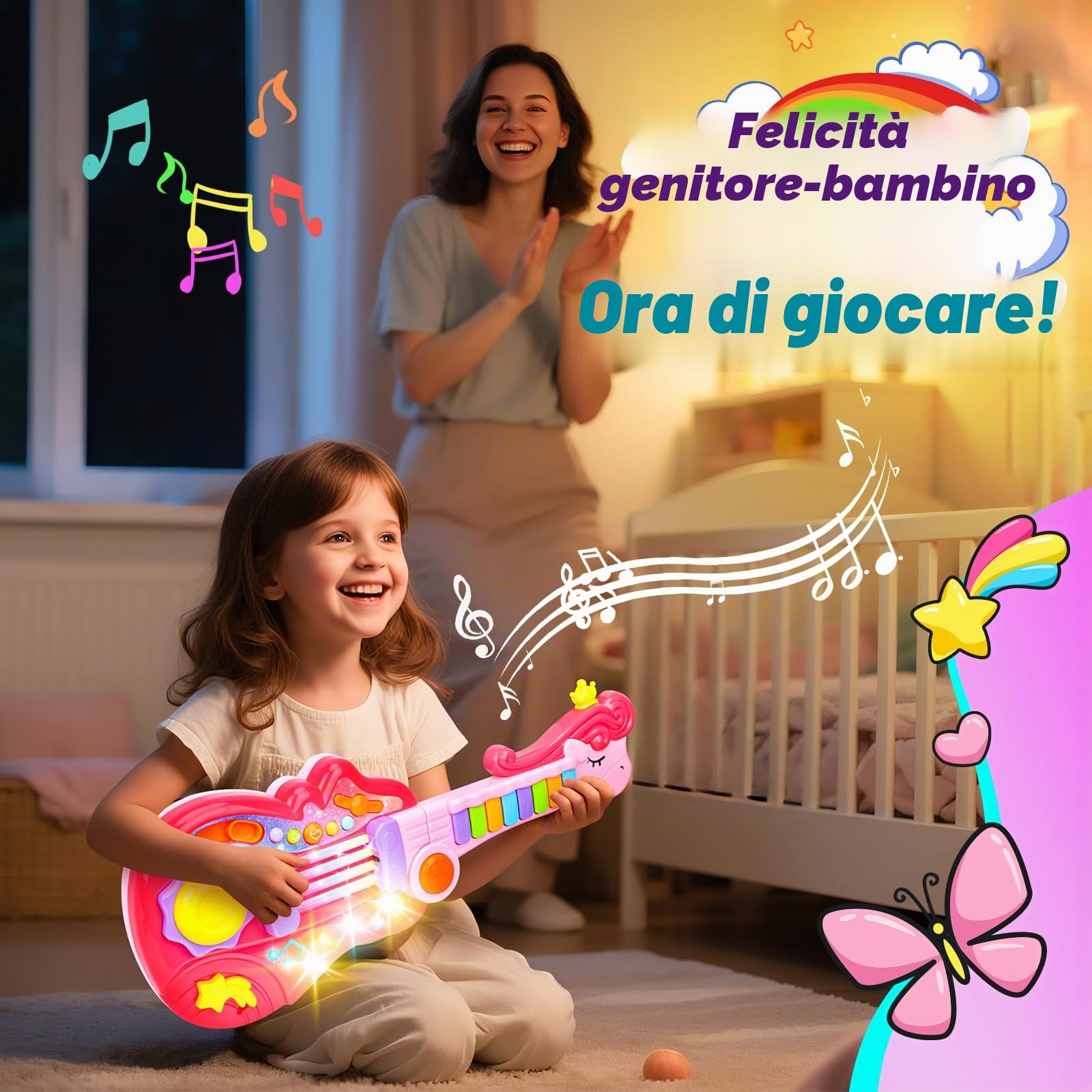 Chitarra Giocattolo per Bambini con Modalità Pianoforte 2-in-1 Strumento Musicale Elettrico Giocattoli Regalo per Ragazzi e Ragazze di 3 4 5 Anni (Rosa)