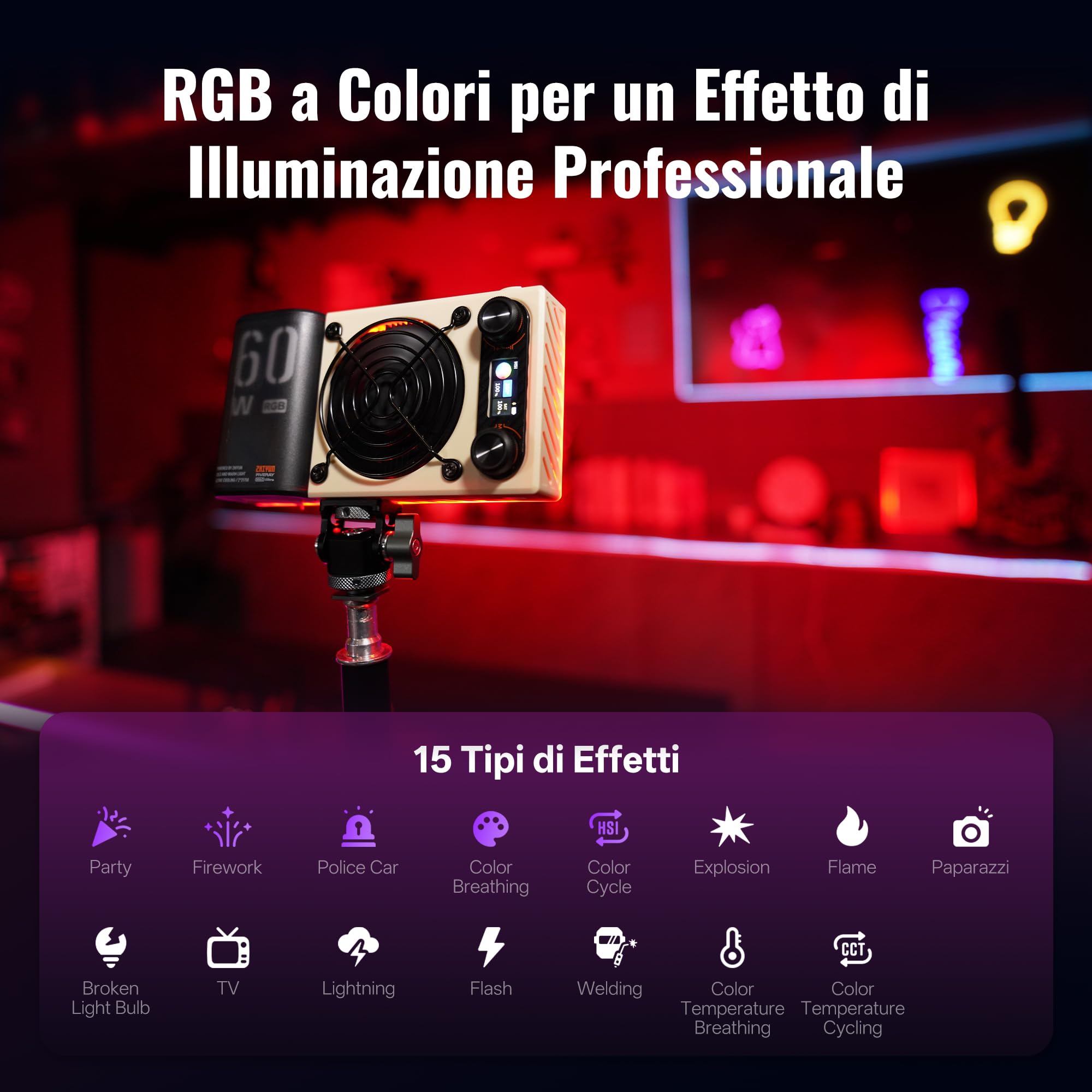 ZHIYUN FIVERAY M60 Ultra 60W RGB Luce Video [Ufficiale] Luce Portatile per Fotocamera con Cold Shoe, Magnetic Mount, Controllo APP&Padrone-Schiavo, 2500K~10000K, per DSLR Foto Illuminazione, 430g