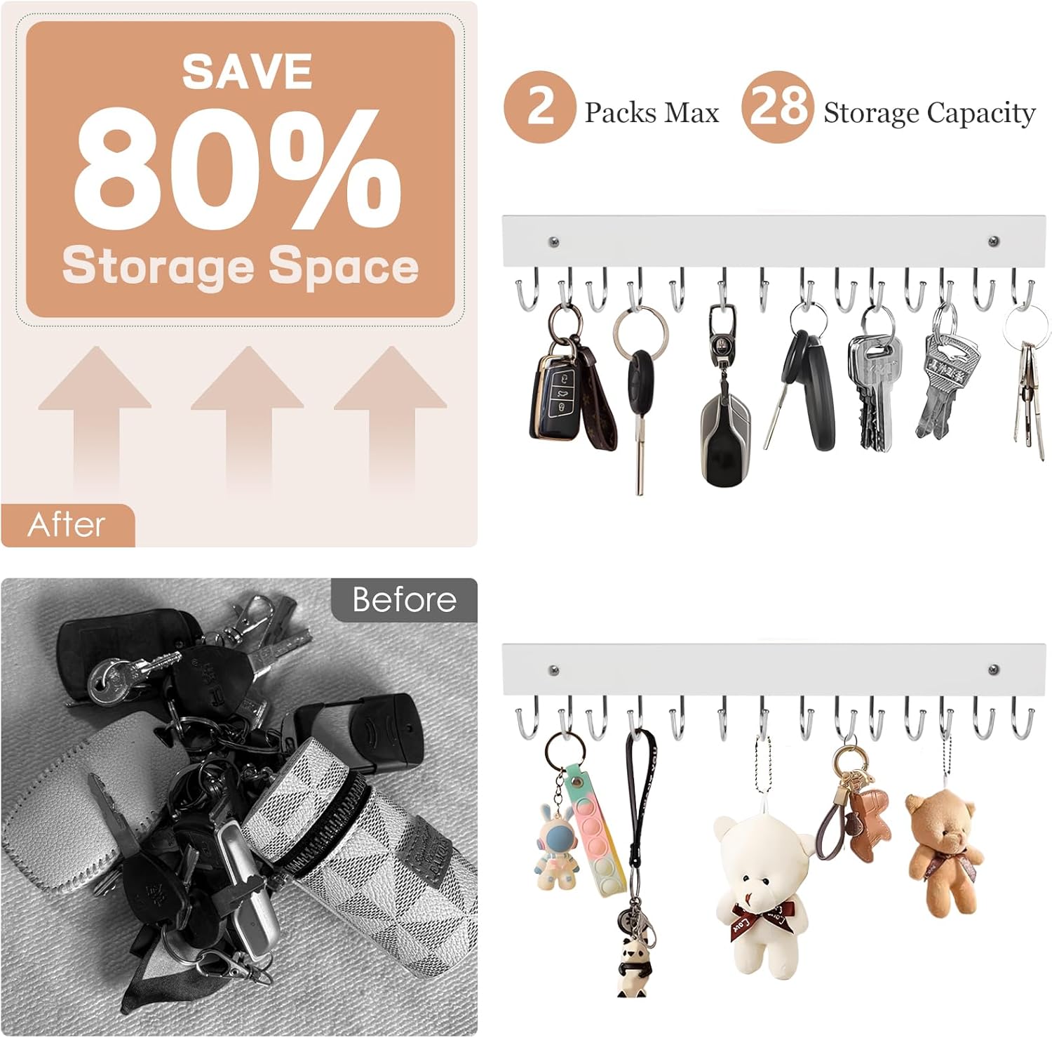 2-Pack Key Holder Wall Mount, 14.6"Key Rack with 28 Rotating Metal Hooks