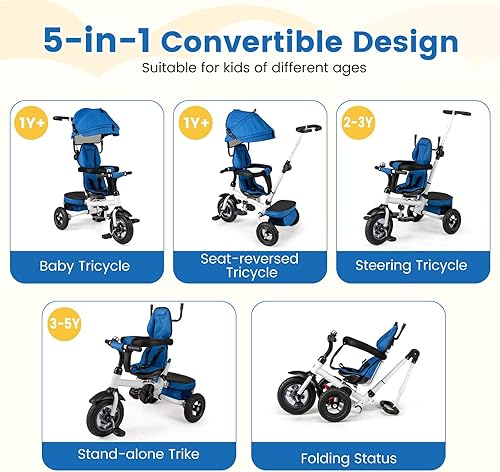 Miniatura 30 de HONEY JOY Triciclo, cochecito de bebé 6 en 1 con asa de empuje ajustable y toldo, cesta de almacenamiento, barandilla desmontable, arnés