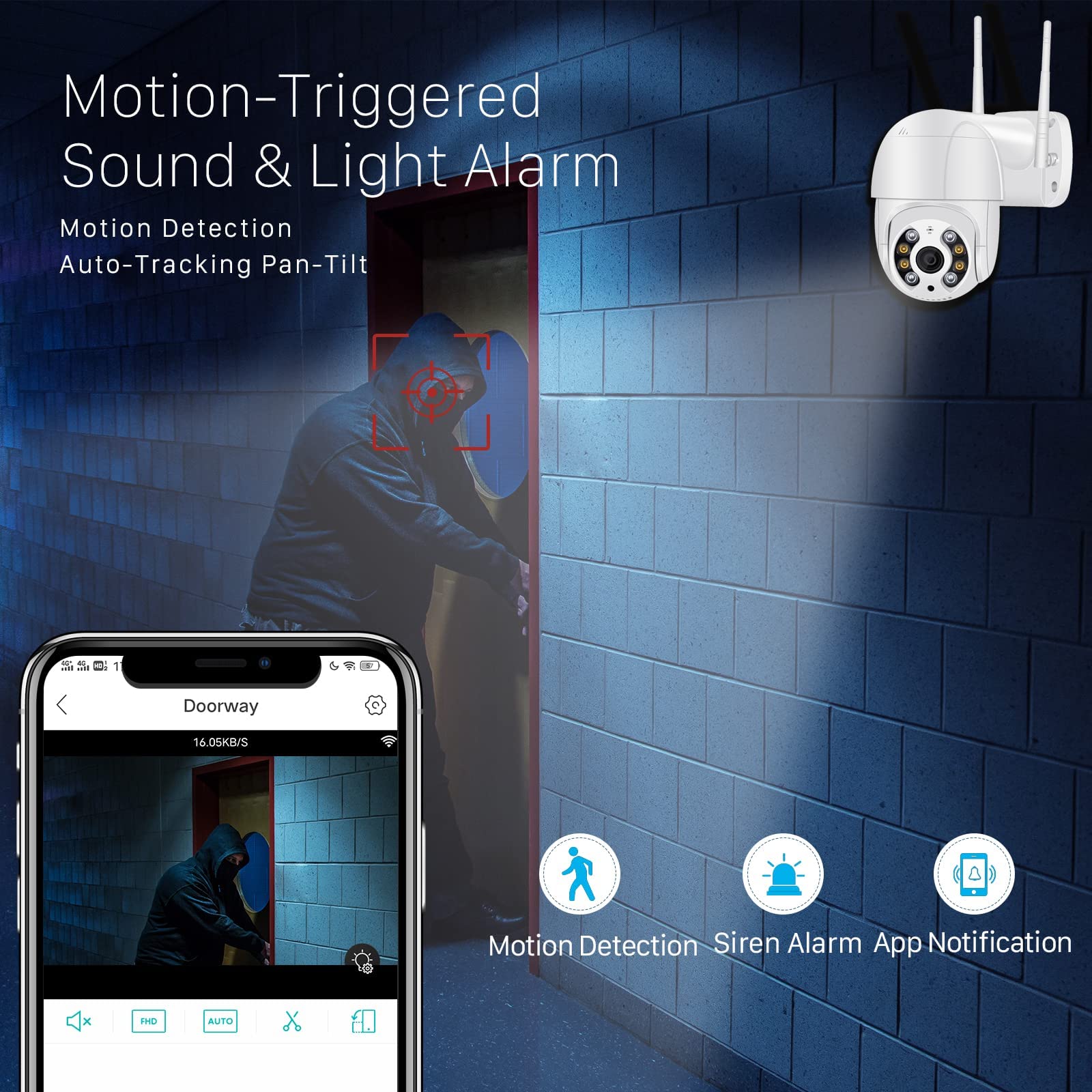 1080P Cameras de Vigilancia WiFi, Camara WiFi Exterior Motorizada Impermeable IP66 con Audio de Dos Vías, Visión Nocturna en Color de 30M Detección de Movimiento Monitorización Inteligente